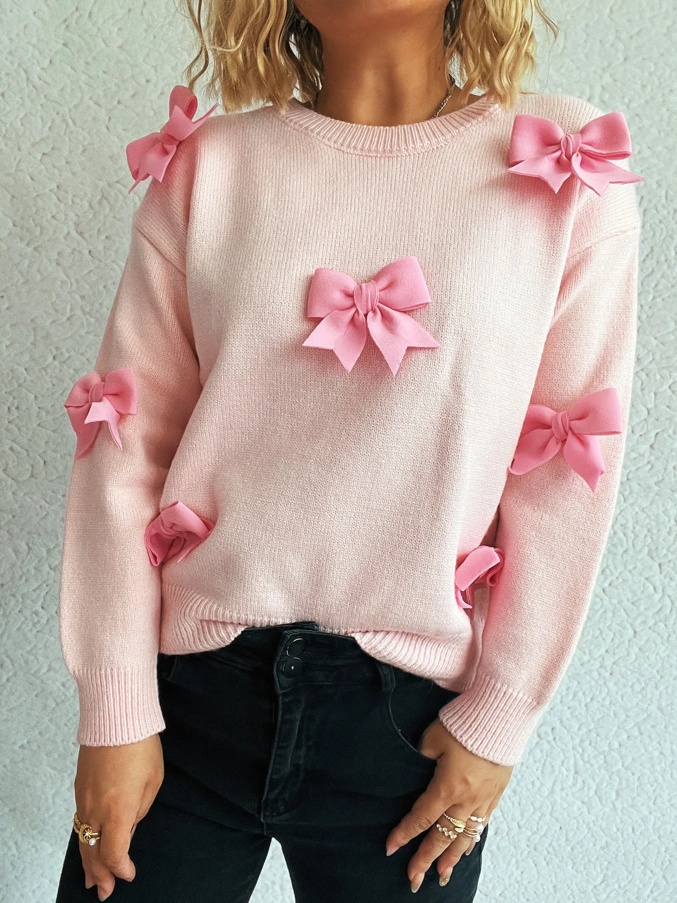 Bow Round Neck Long Sleeve Sweater - Image 8