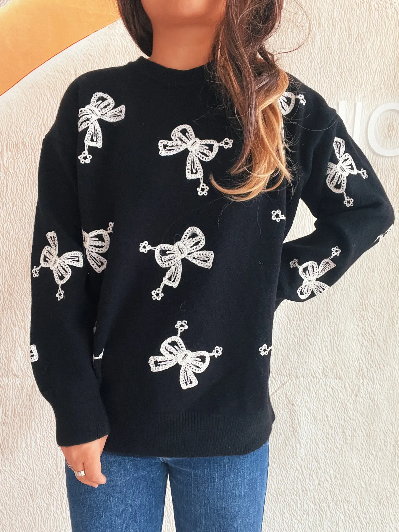 Bow Round Neck Long Sleeve Sweater - Image 6