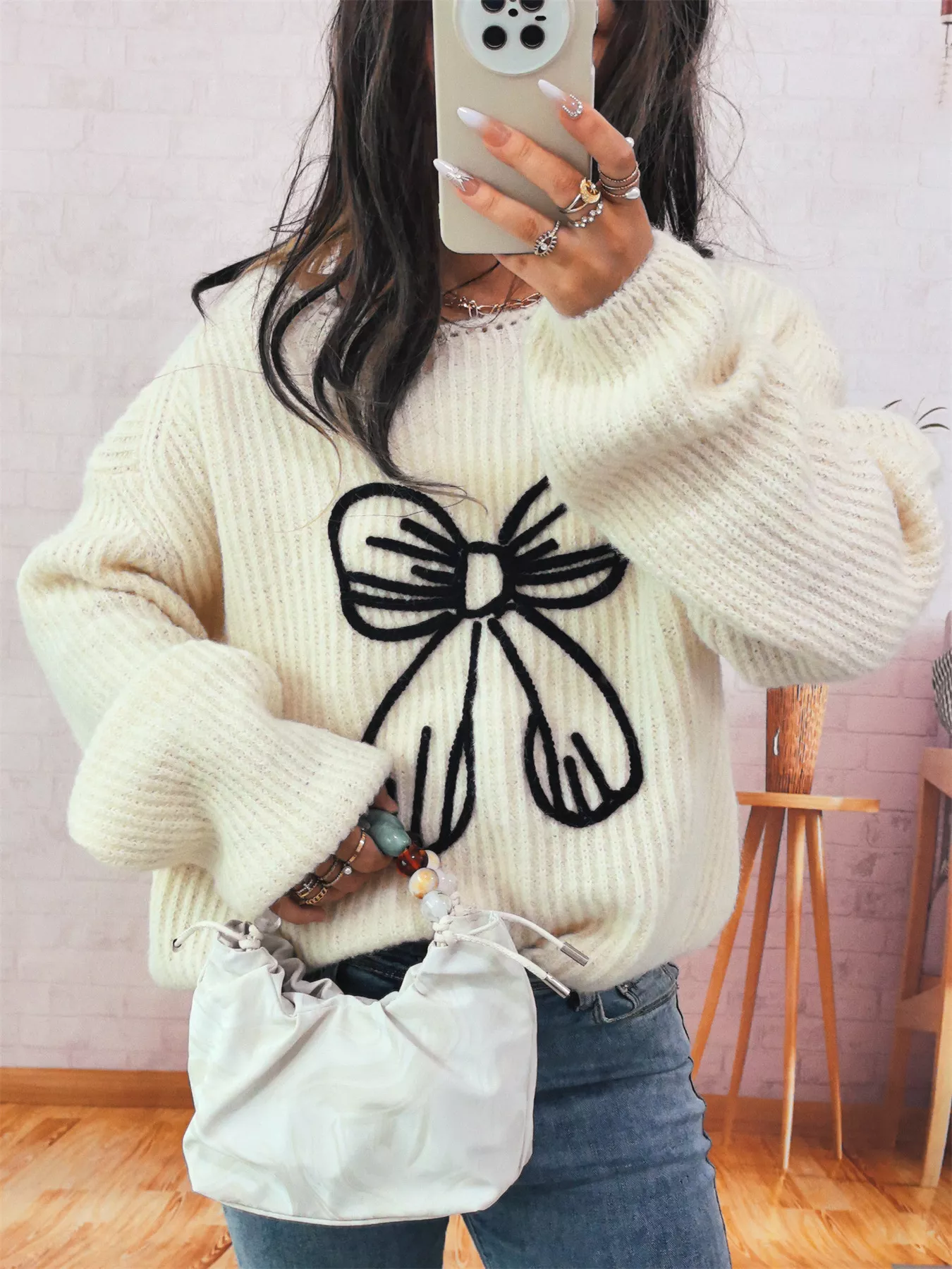 Bow Round Neck Long Sleeve Sweater - Image 7