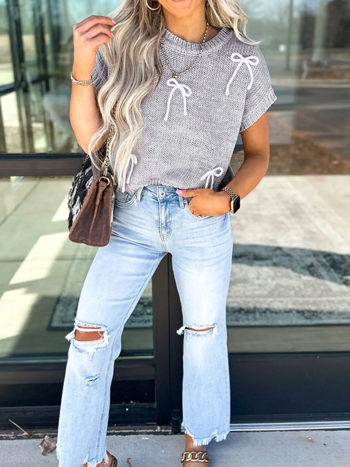 Bow Round Neck Short Sleeve Sweater - Image 3