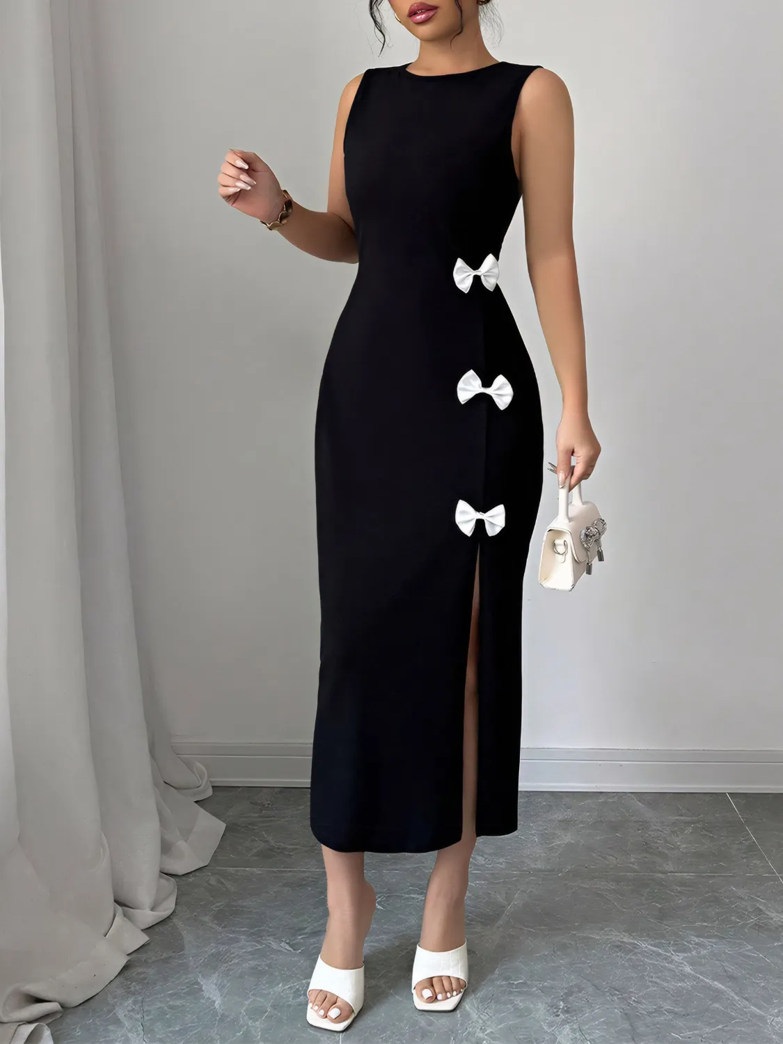 Bow Slit Round Neck Sleeveless Dress - Image 4