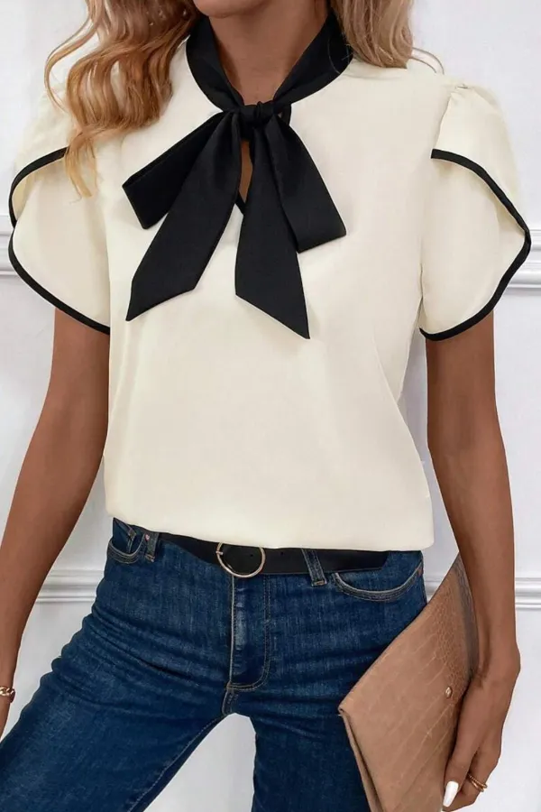Bow Tie Contrast Short Sleeve Blouse