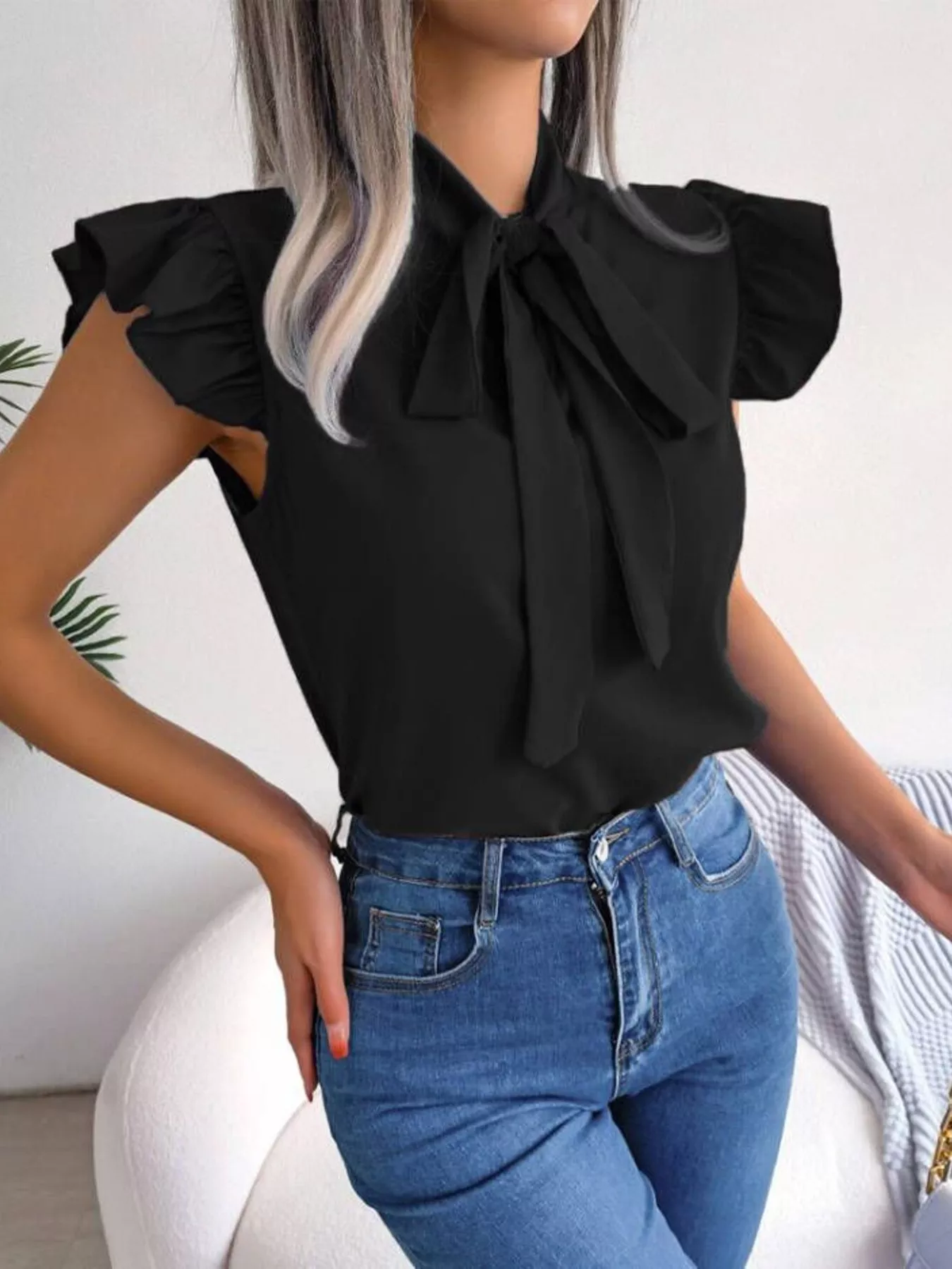 Bow Tie Ruffle Sleeve Blouse - Image 10