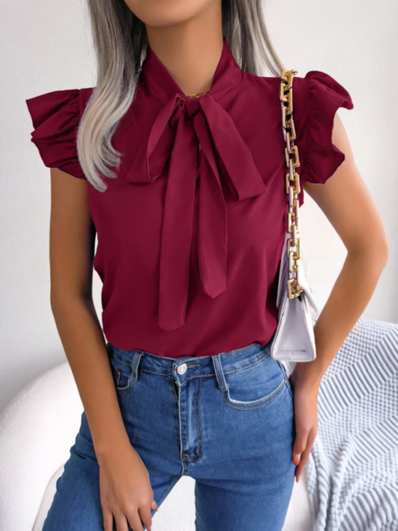 Bow Tie Ruffle Sleeve Blouse - Image 8