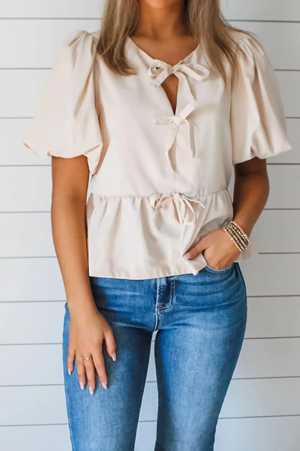 Bow Tie Short Puff Sleeve Ruffle Hem Blouse - Image 2