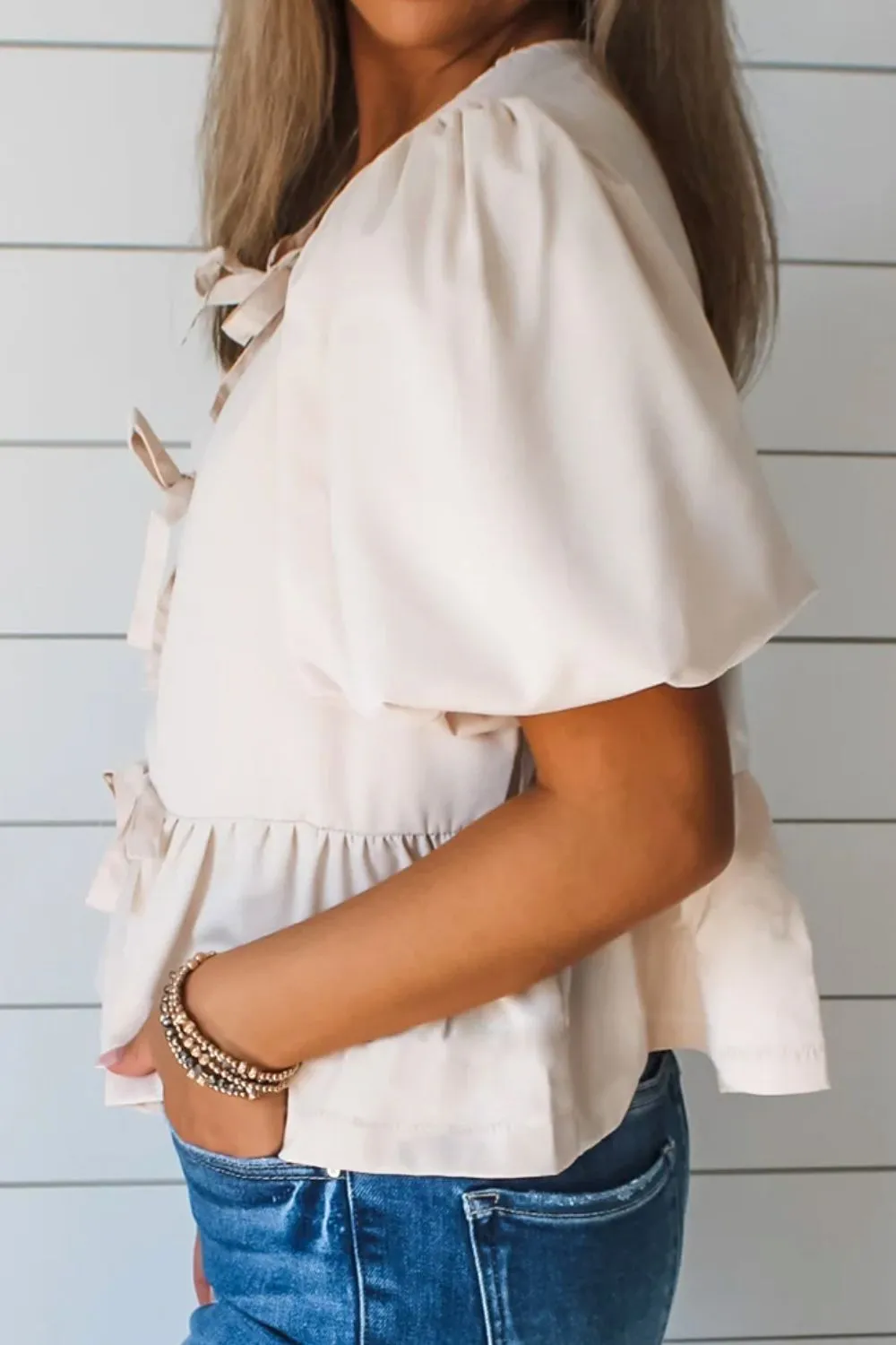 Bow Tie Short Puff Sleeve Ruffle Hem Blouse - Image 3