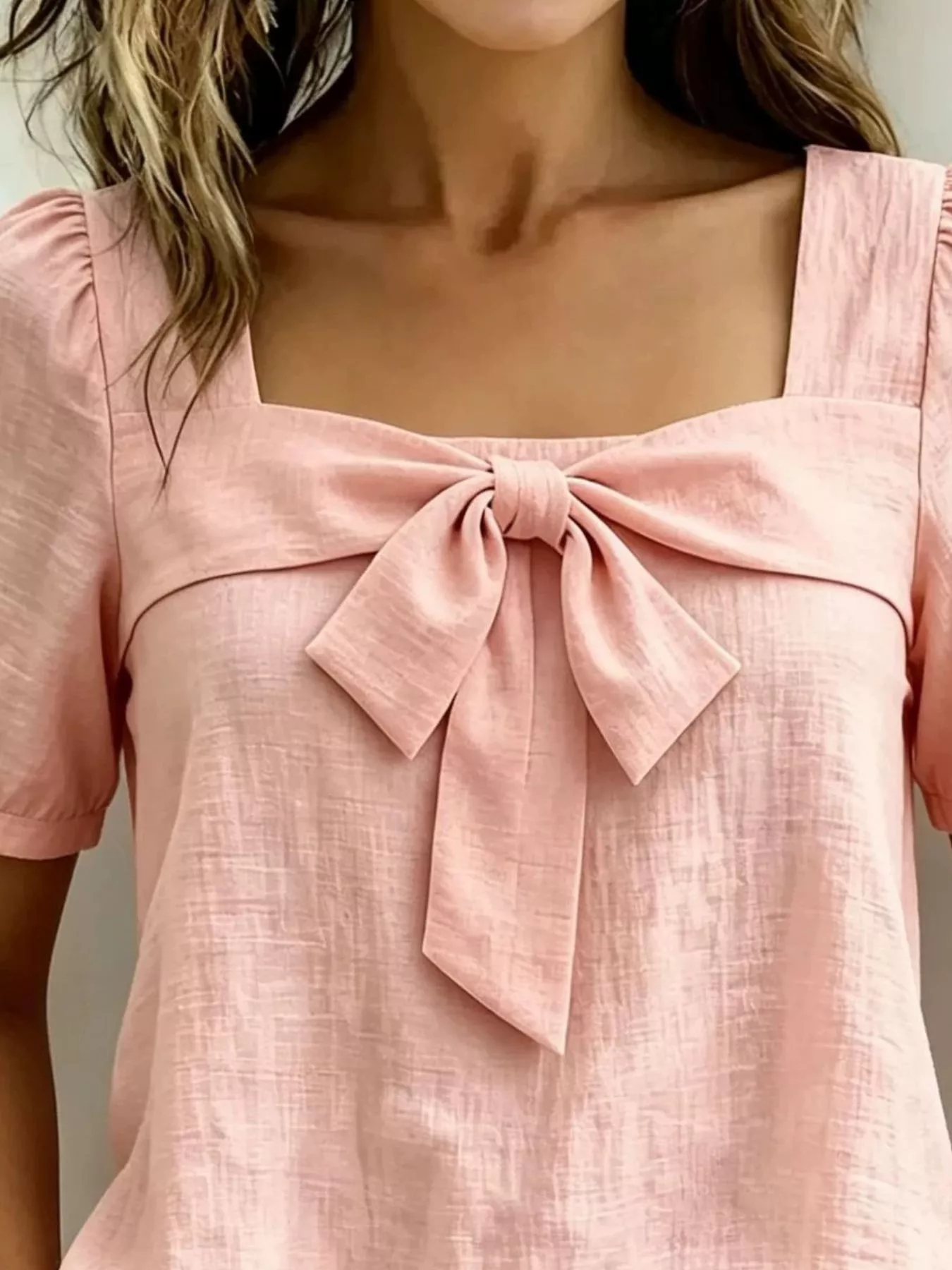 Bow Tie Square Neck Puff Sleeve Blouse - Image 10