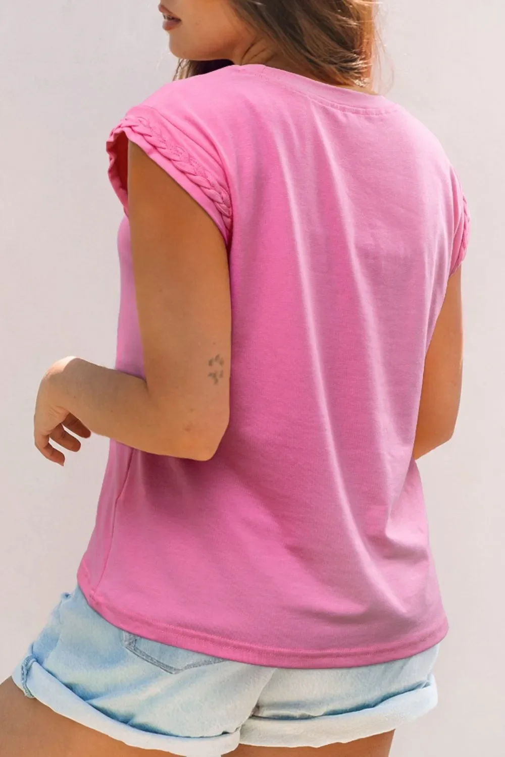 Braided Cap Sleeve Crew Neck T Shirt - Image 2