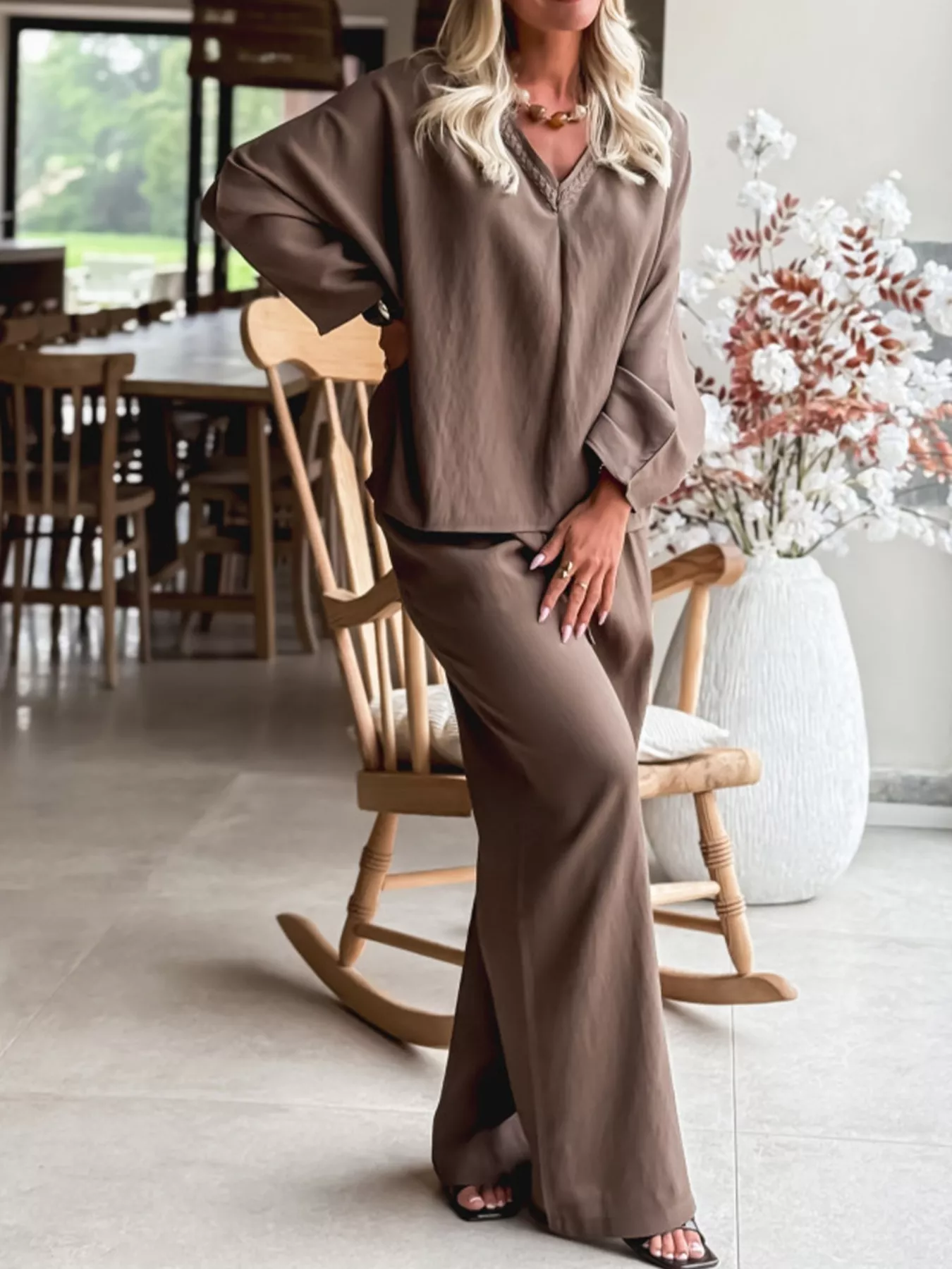 Braided V Neck Long Sleeve Loose Top and Drawstring High Waist Pants 2pcs Outfit - Image 2