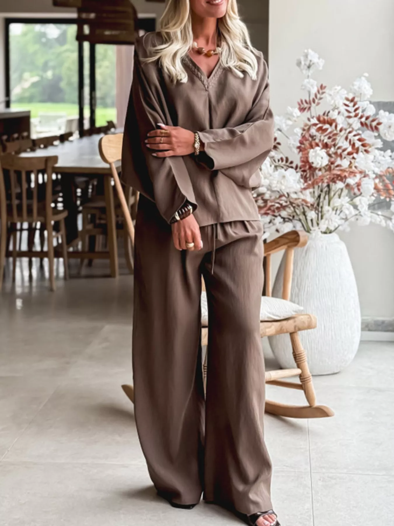 Braided V Neck Long Sleeve Loose Top and Drawstring High Waist Pants 2pcs Outfit - Image 3