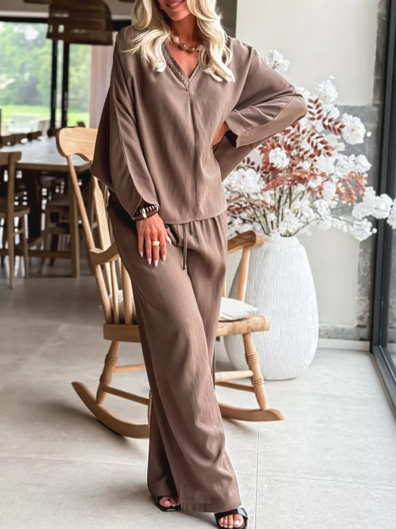 Braided V Neck Long Sleeve Loose Top and Drawstring High Waist Pants 2pcs Outfit - Image 4