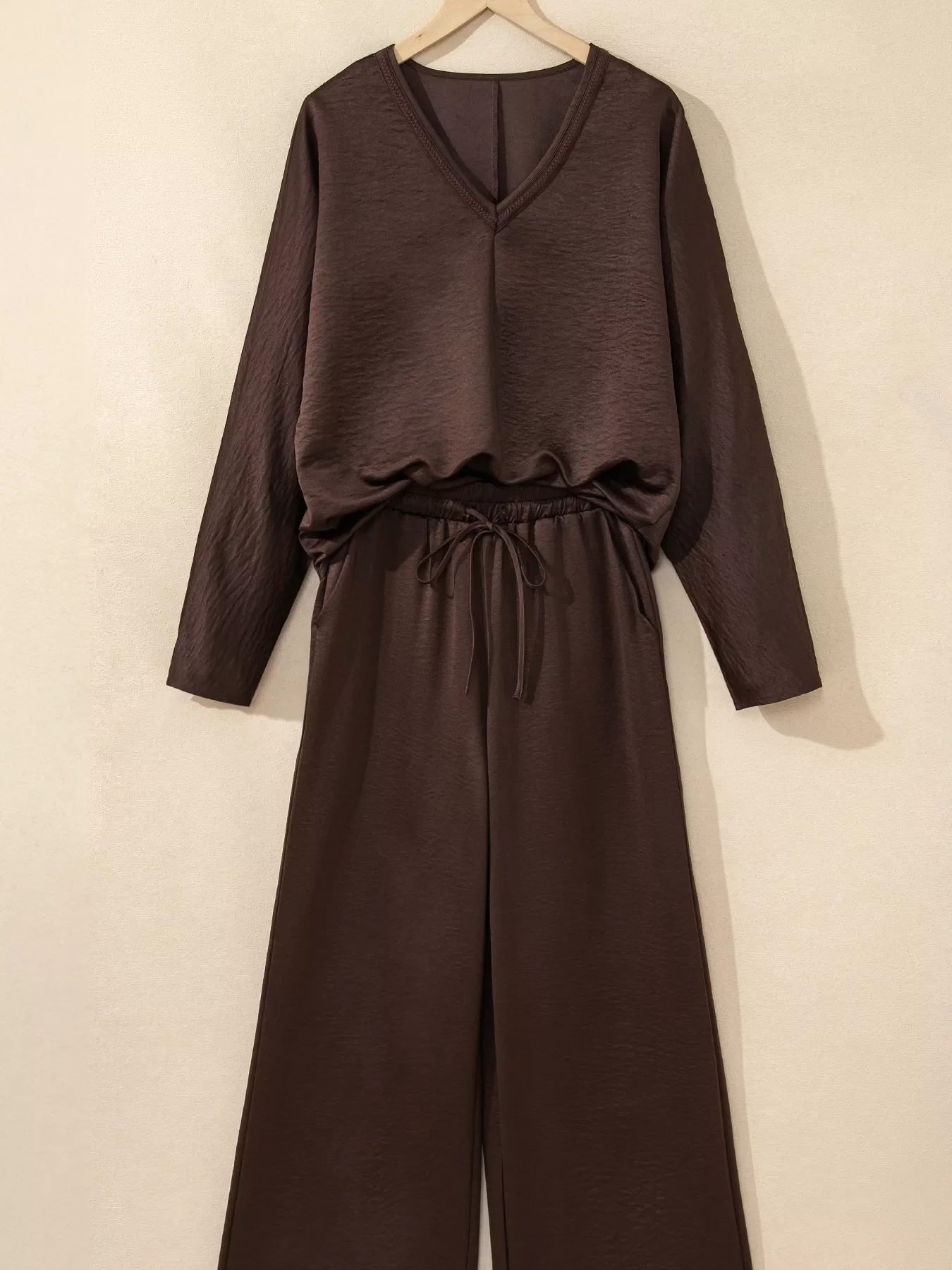 Braided V Neck Long Sleeve Loose Top and Drawstring High Waist Pants 2pcs Outfit - Image 7