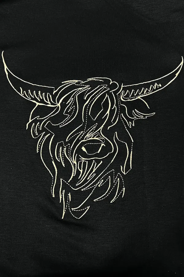 Bull Head Embroidered Round Neck T Shirt - Image 5