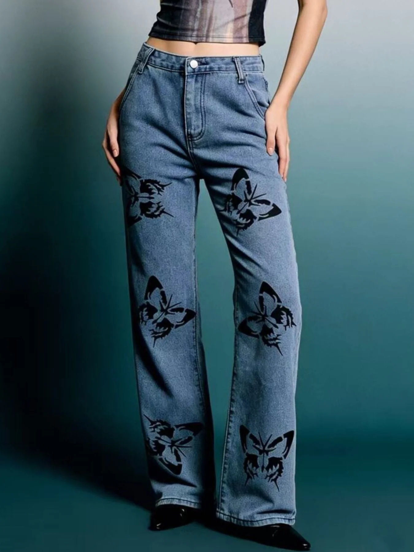 Butterfly Print High-Waisted Wide Leg Jeans - Image 7