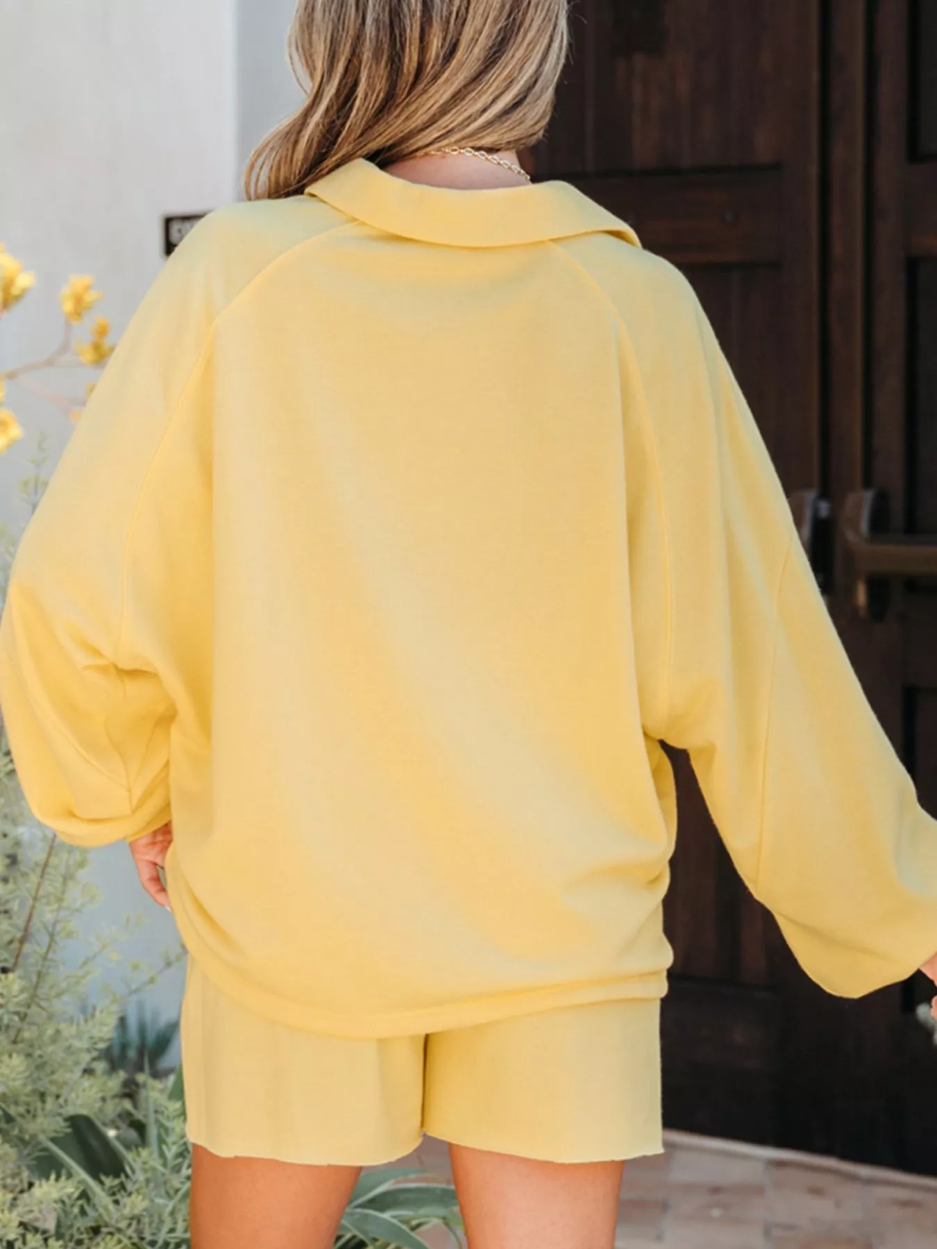 Button Collar Drop Shoulder Top and Shorts 2pcs Set - Image 2