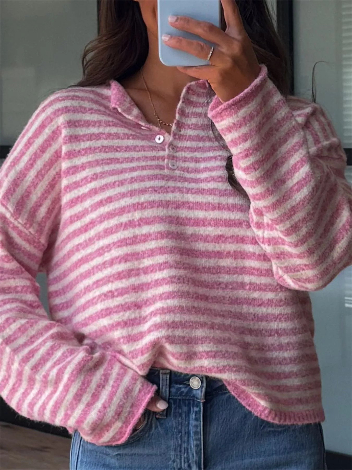 Button Detail Dropped Shoulder Striped Sweater - Image 3