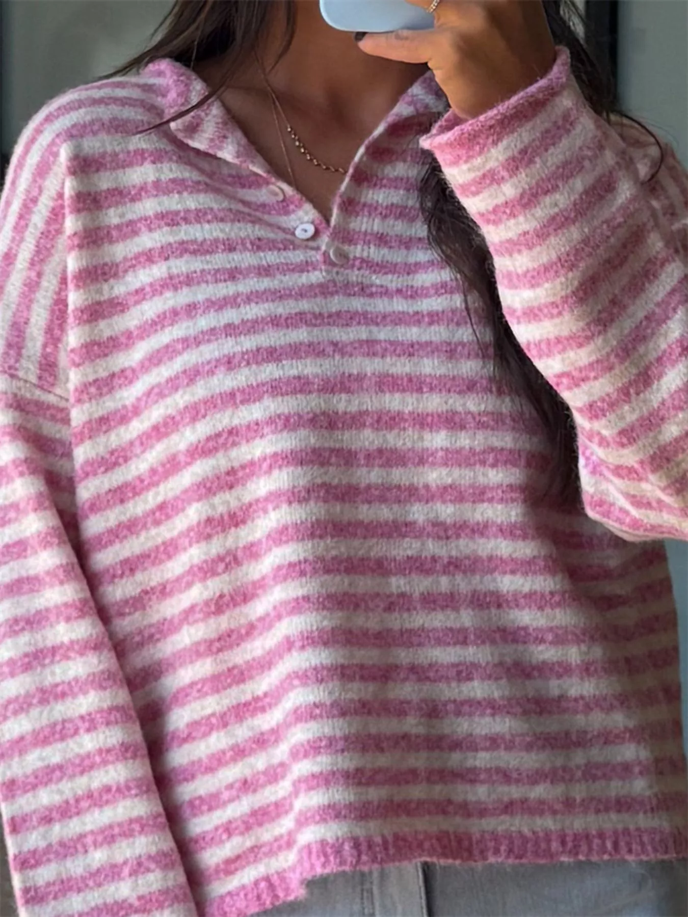 Button Detail Dropped Shoulder Striped Sweater - Image 4