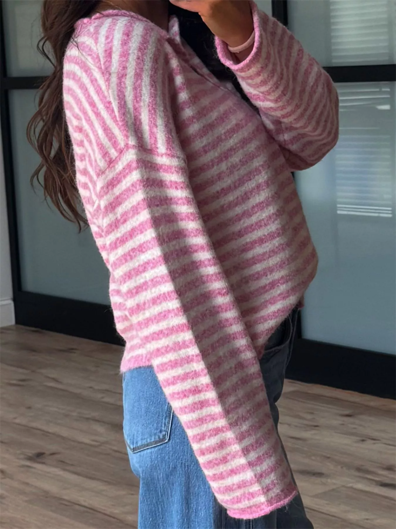 Button Detail Dropped Shoulder Striped Sweater - Image 5