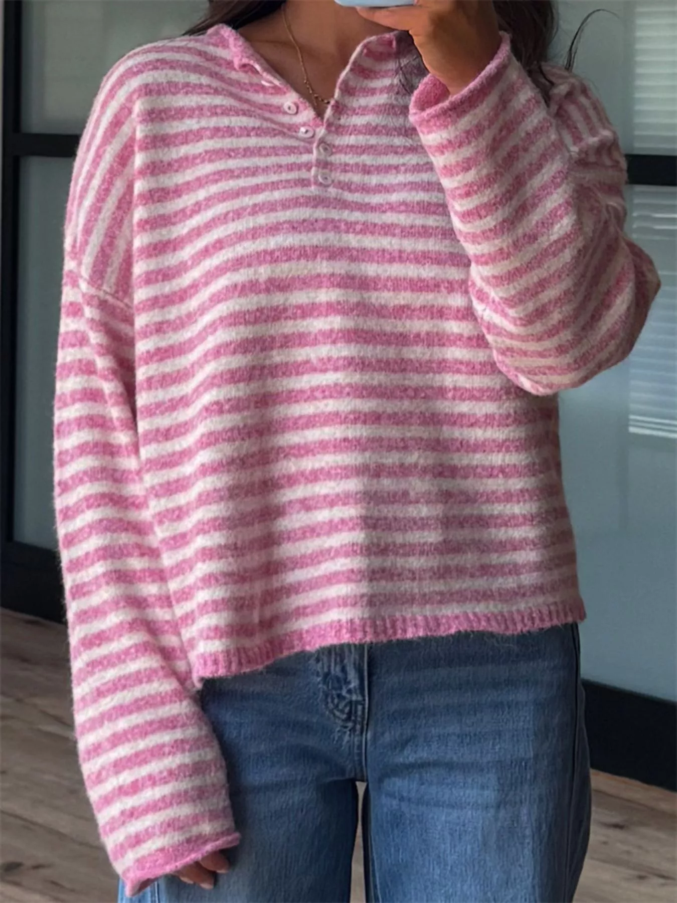 Button Detail Dropped Shoulder Striped Sweater - Image 6