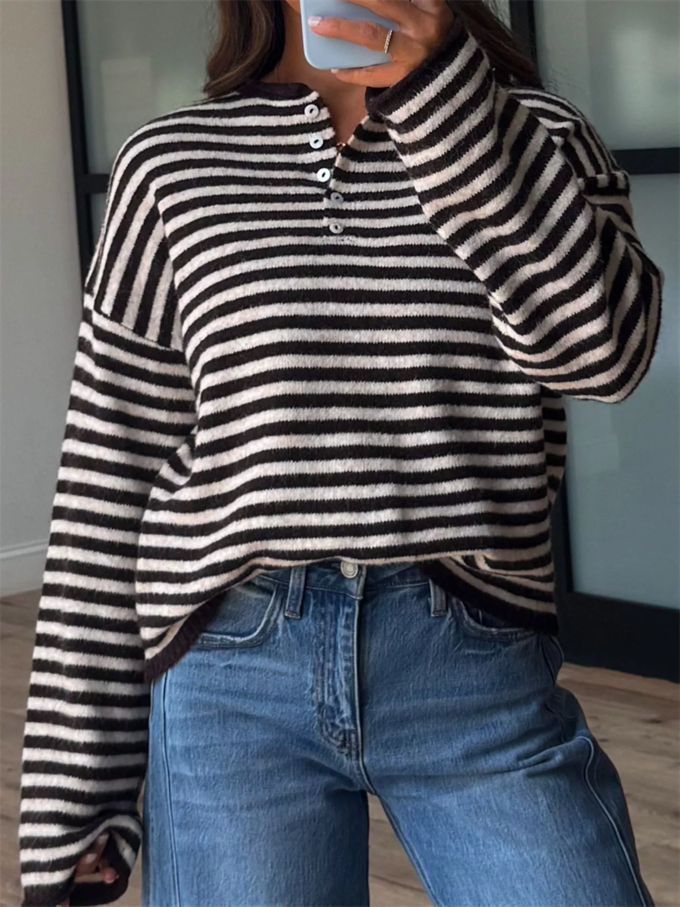 Button Detail Dropped Shoulder Striped Sweater - Image 7