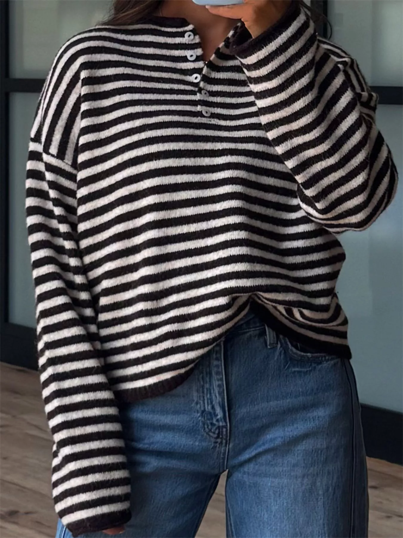 Button Detail Dropped Shoulder Striped Sweater - Image 8