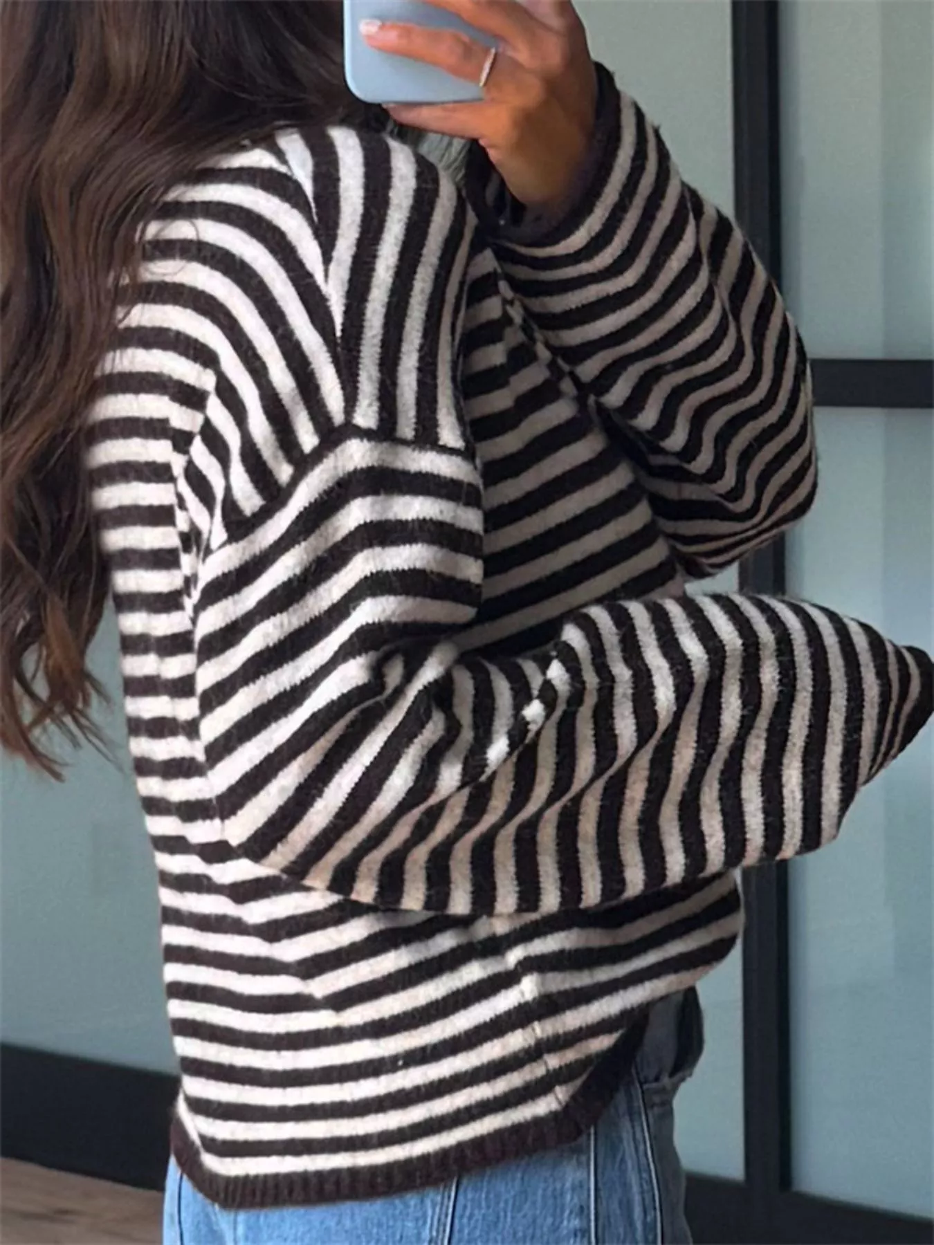 Button Detail Dropped Shoulder Striped Sweater - Image 9