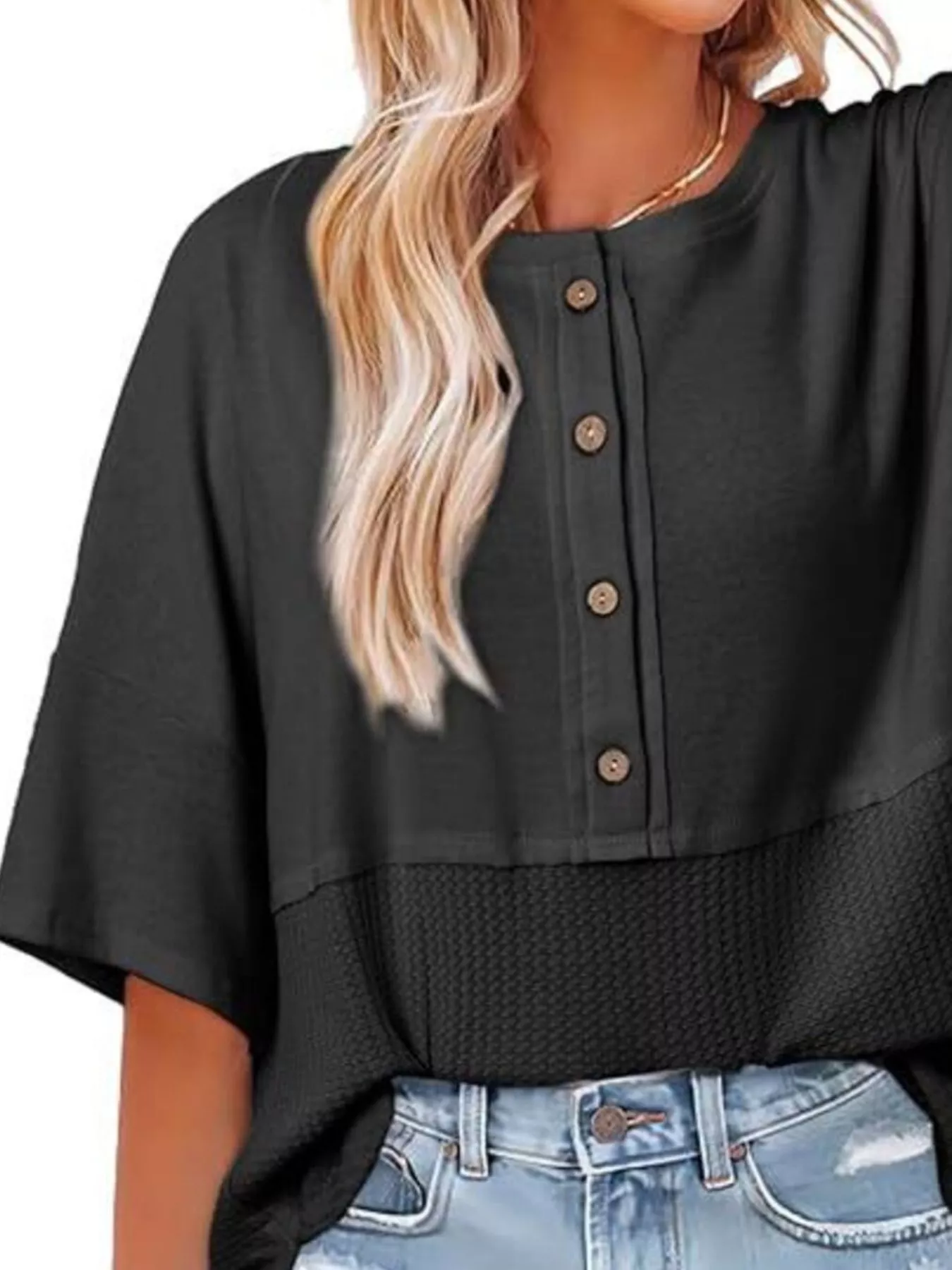 Button Detail Texture Knit T-Shirt - Image 2
