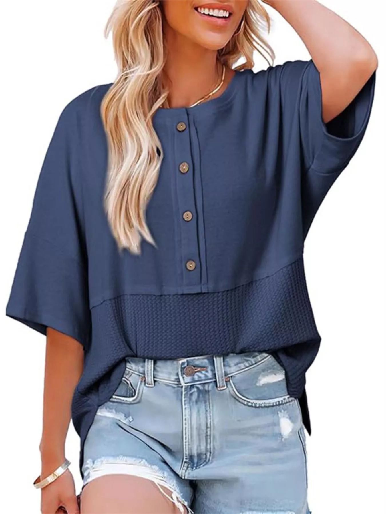 Button Detail Texture Knit T-Shirt - Image 4