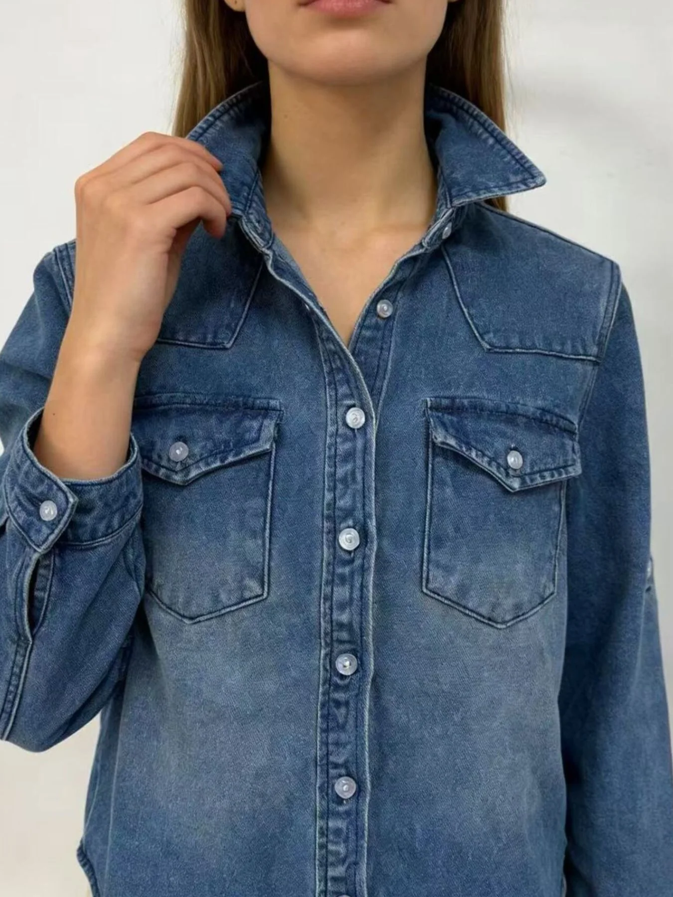 Button Down Classic Western Style Denim Top - Image 3