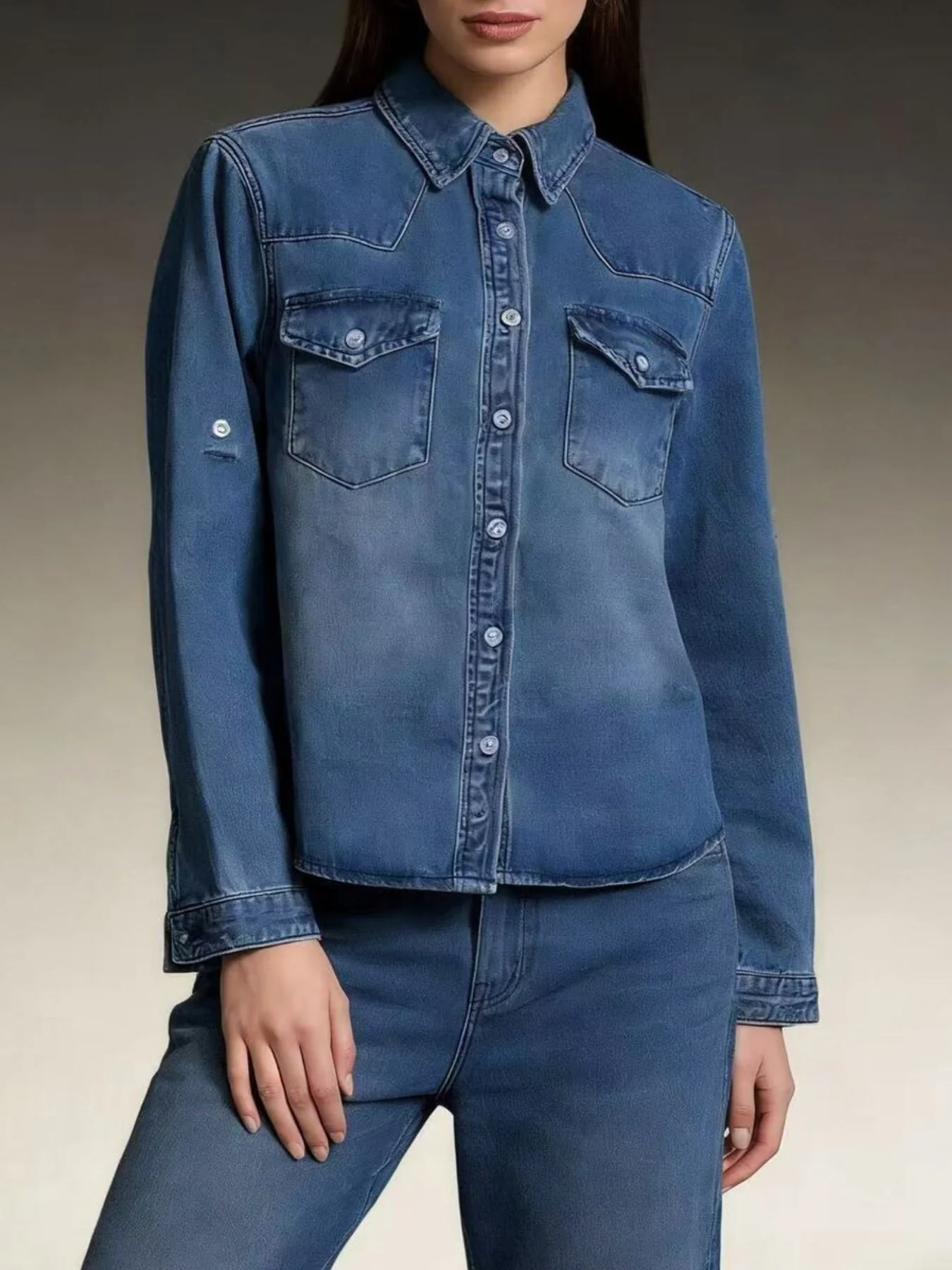 Button Down Classic Western Style Denim Top - Image 4