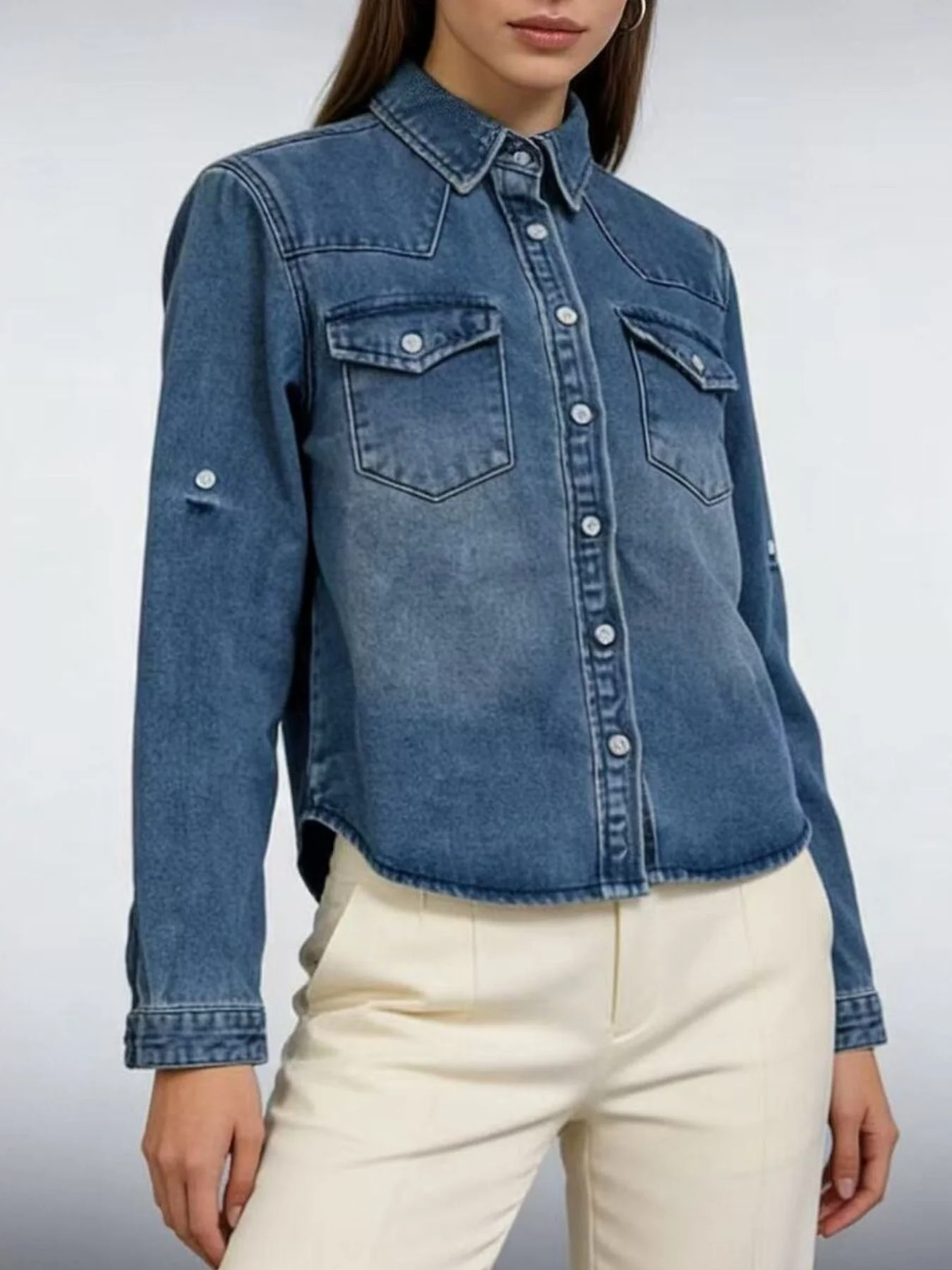 Button Down Classic Western Style Denim Top - Image 5