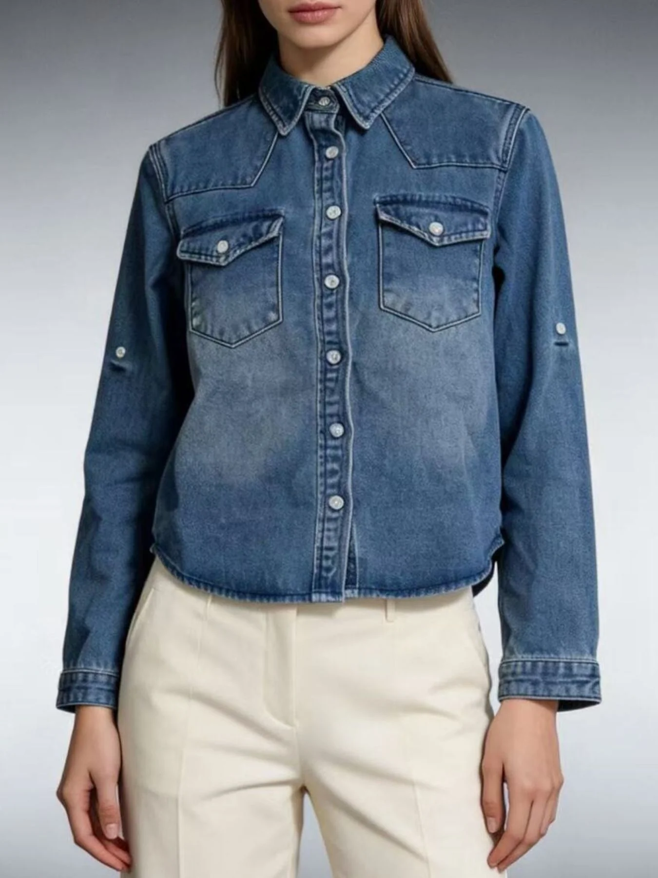 Button Down Classic Western Style Denim Top - Image 6