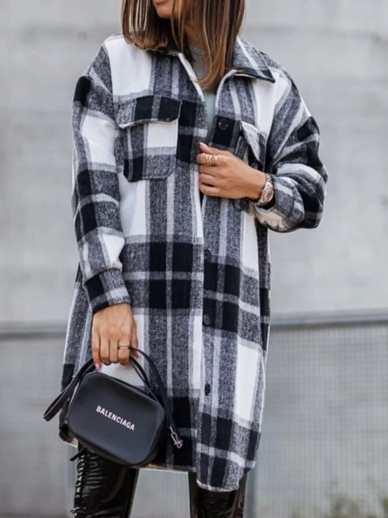 Button Down Collared Neck Plaid Flannel Shacket - Image 2
