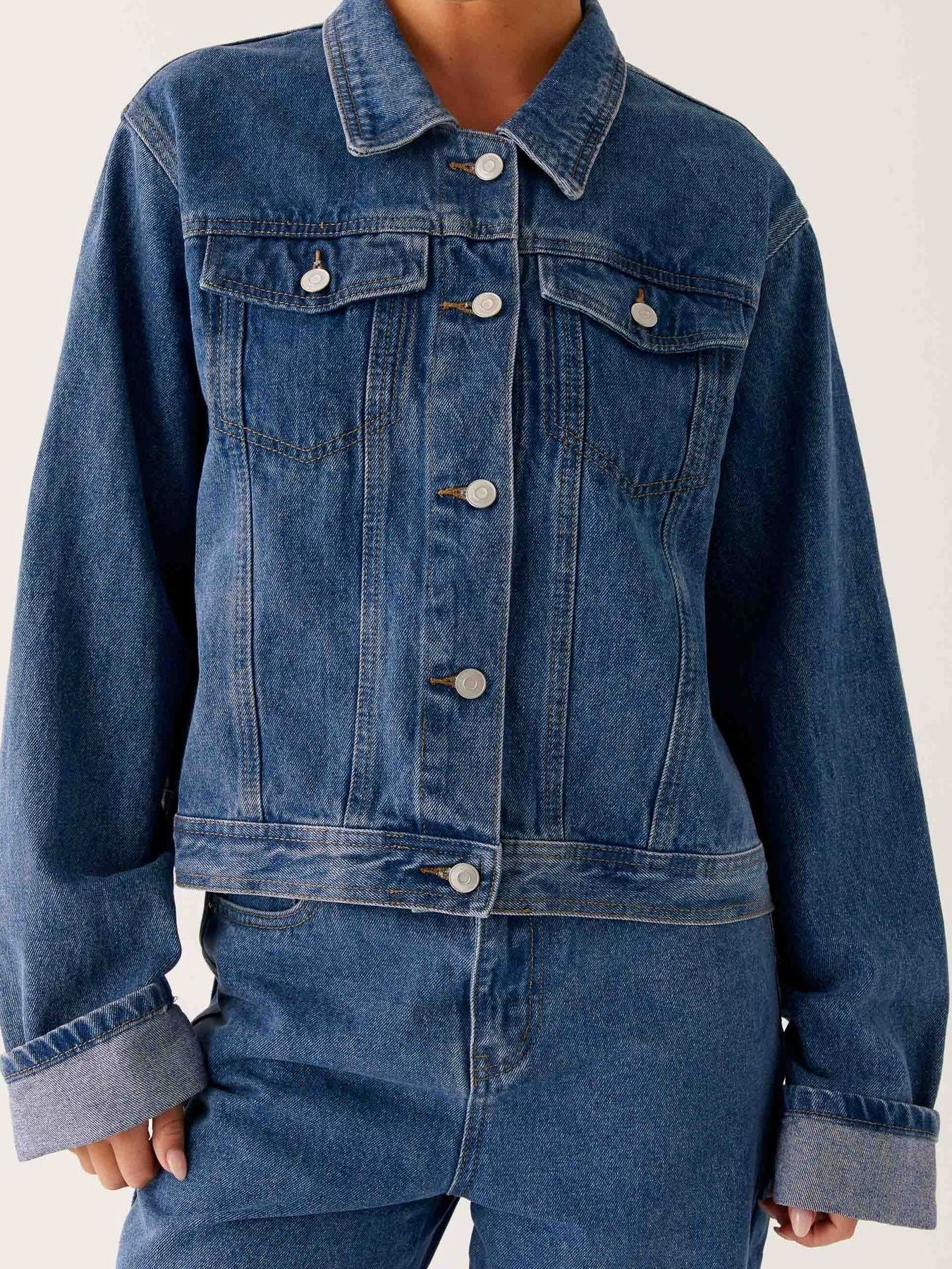 Button Down Cropped Oversized Denim Jacket - Image 3