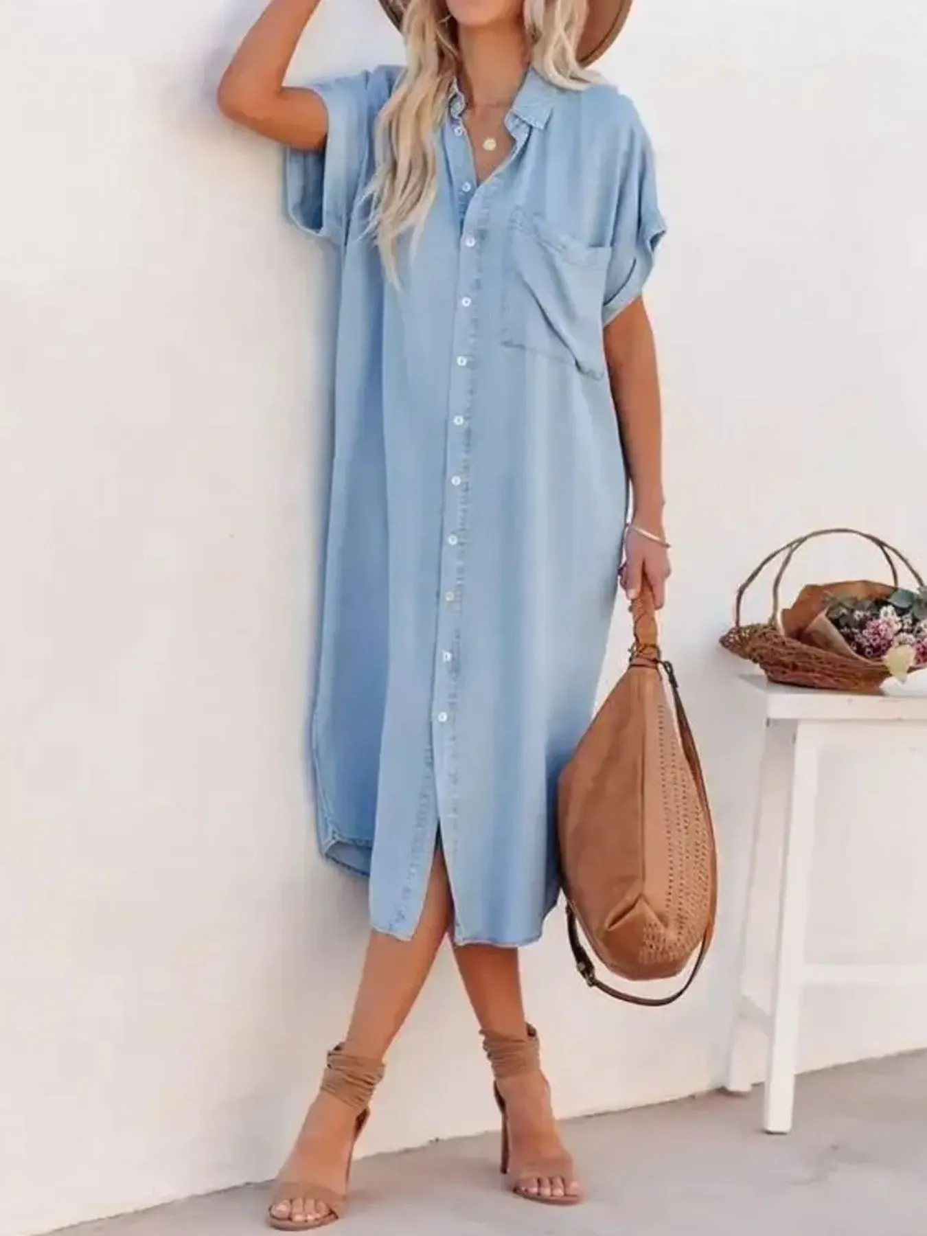 Button Down Denim Midi Shirt Dress - Image 2