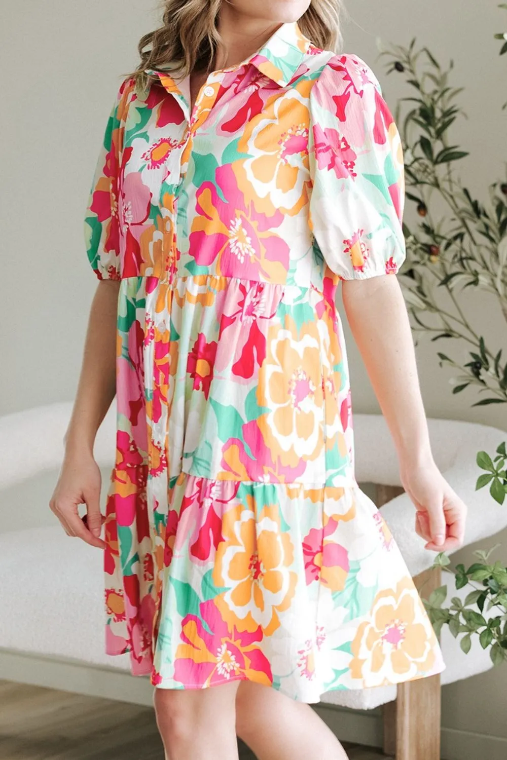 Button Down Floral Puff Sleeve Babydoll Dress - Image 4