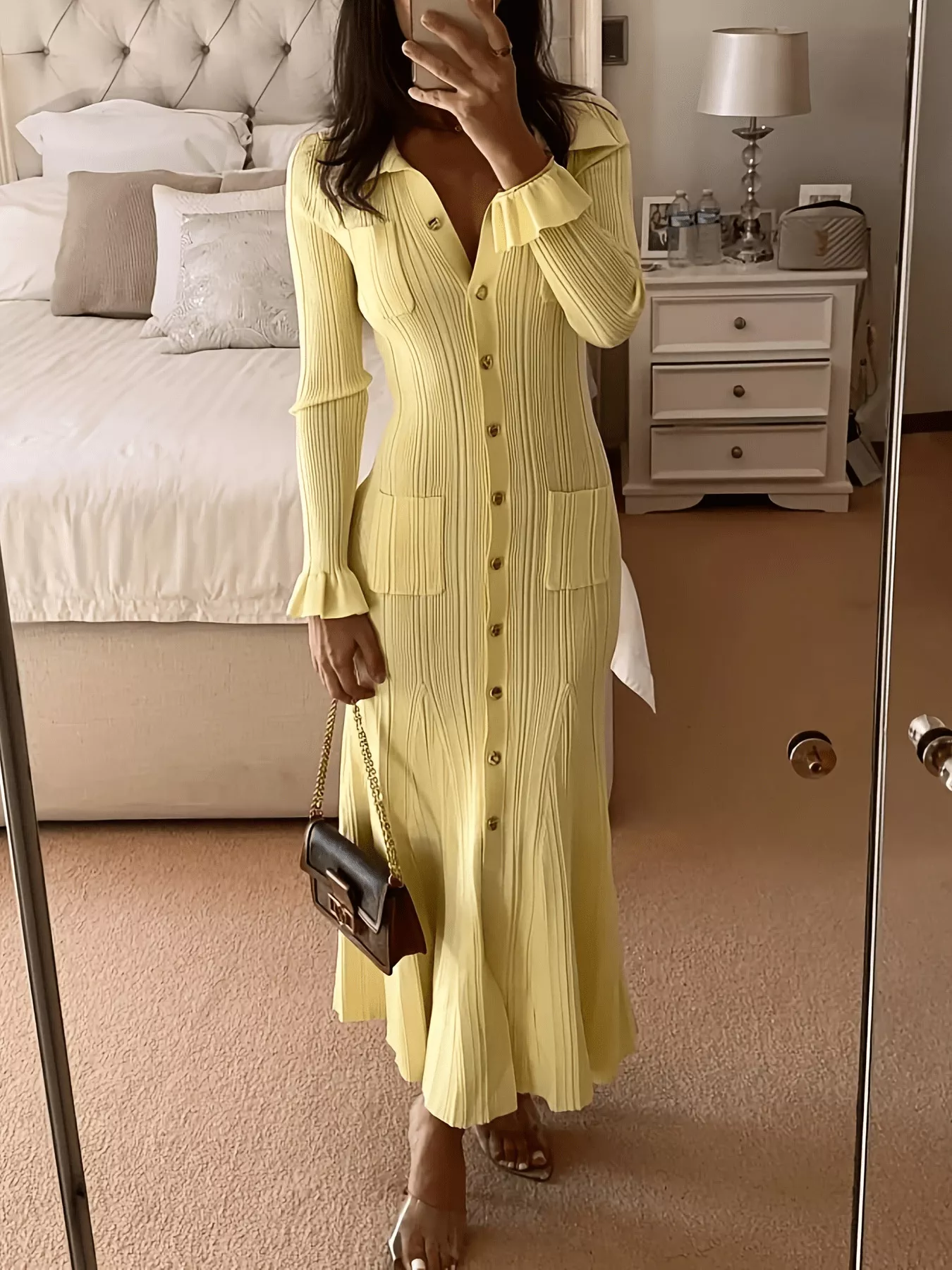 Button-Down Flounce Sleeve Sweater Dress - Image 5