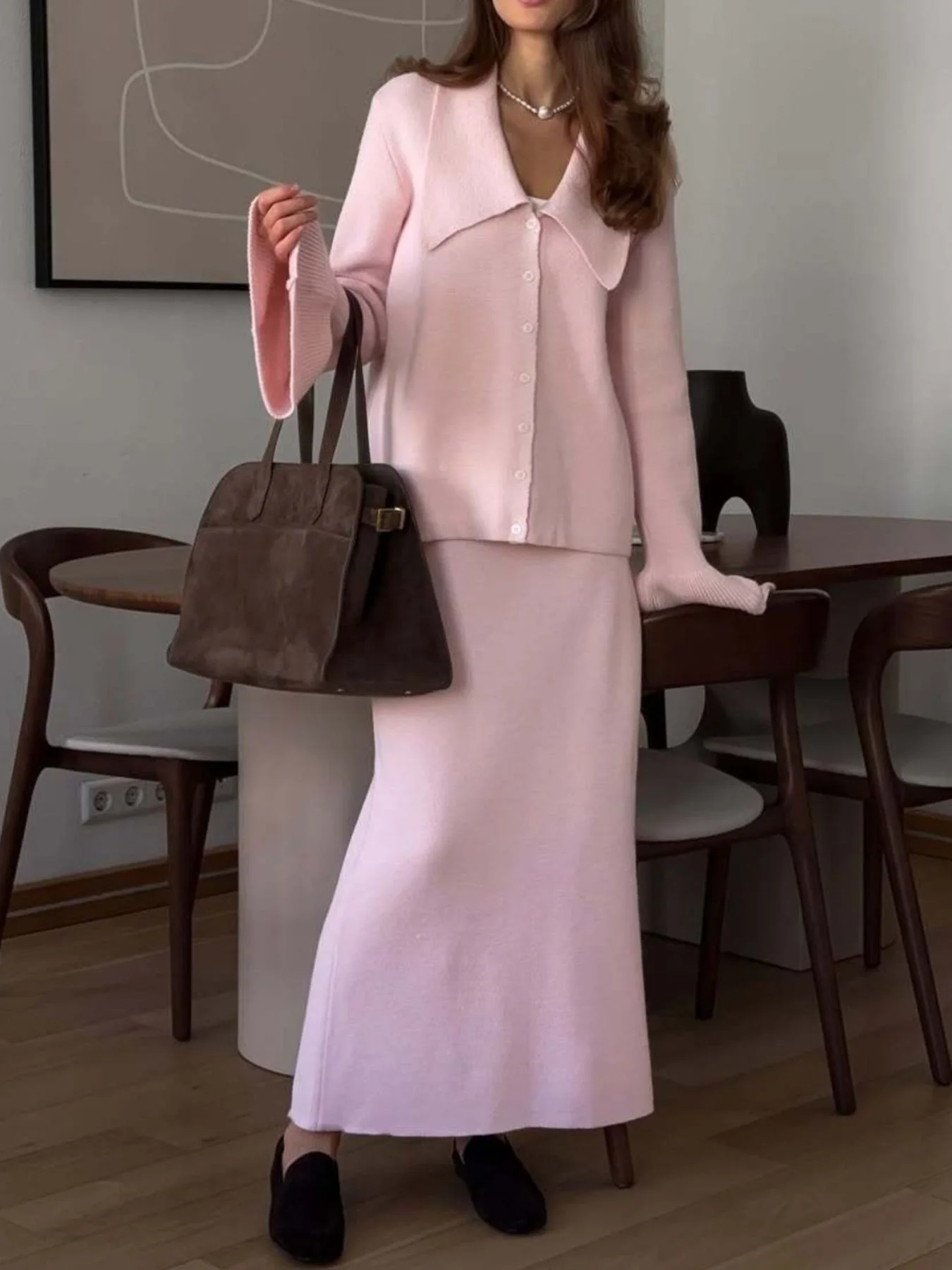 Button Down Long Sleeve Cardigan and Skirt Knit Set - Image 13