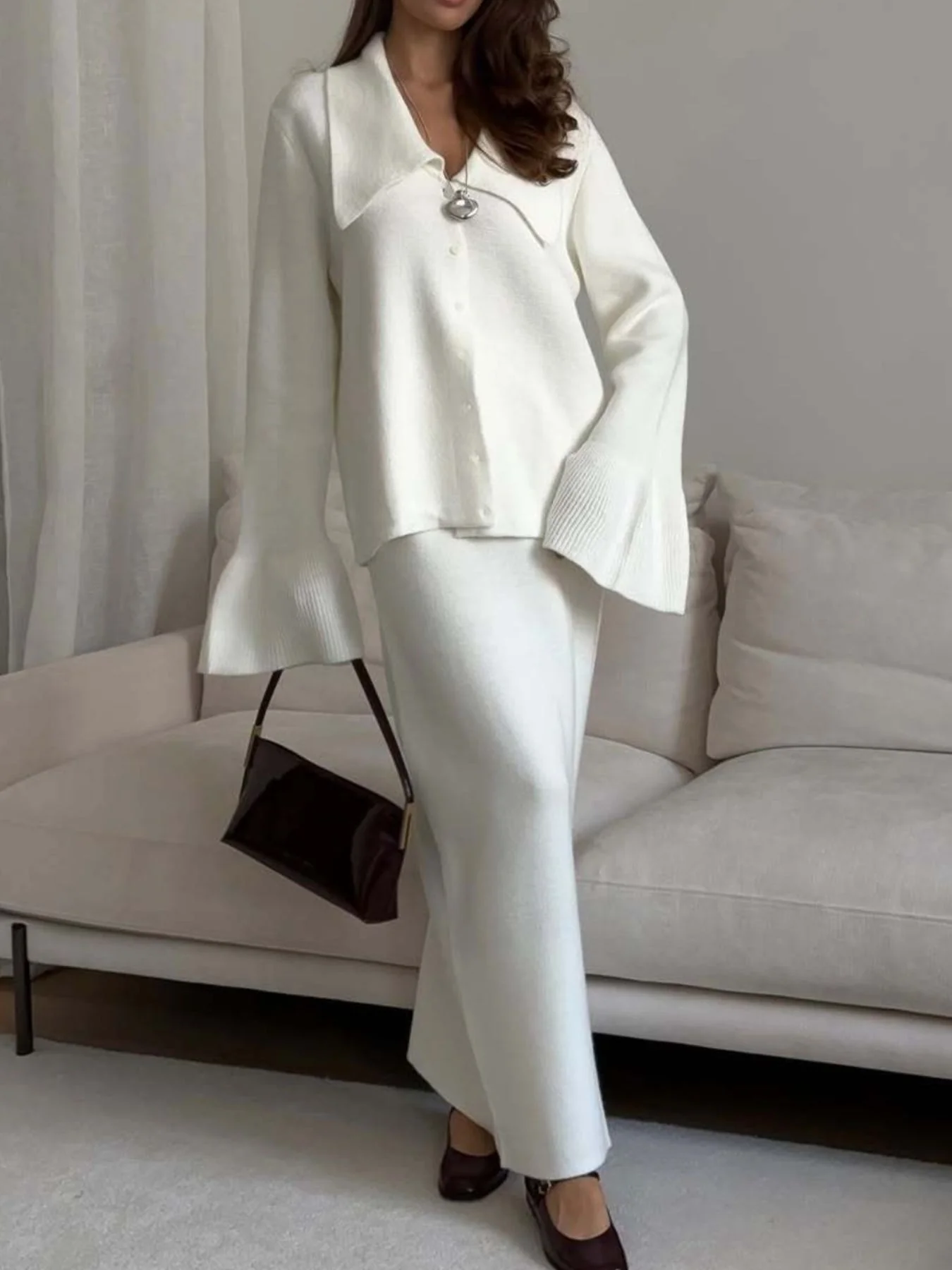 Button Down Long Sleeve Cardigan and Skirt Knit Set - Image 4