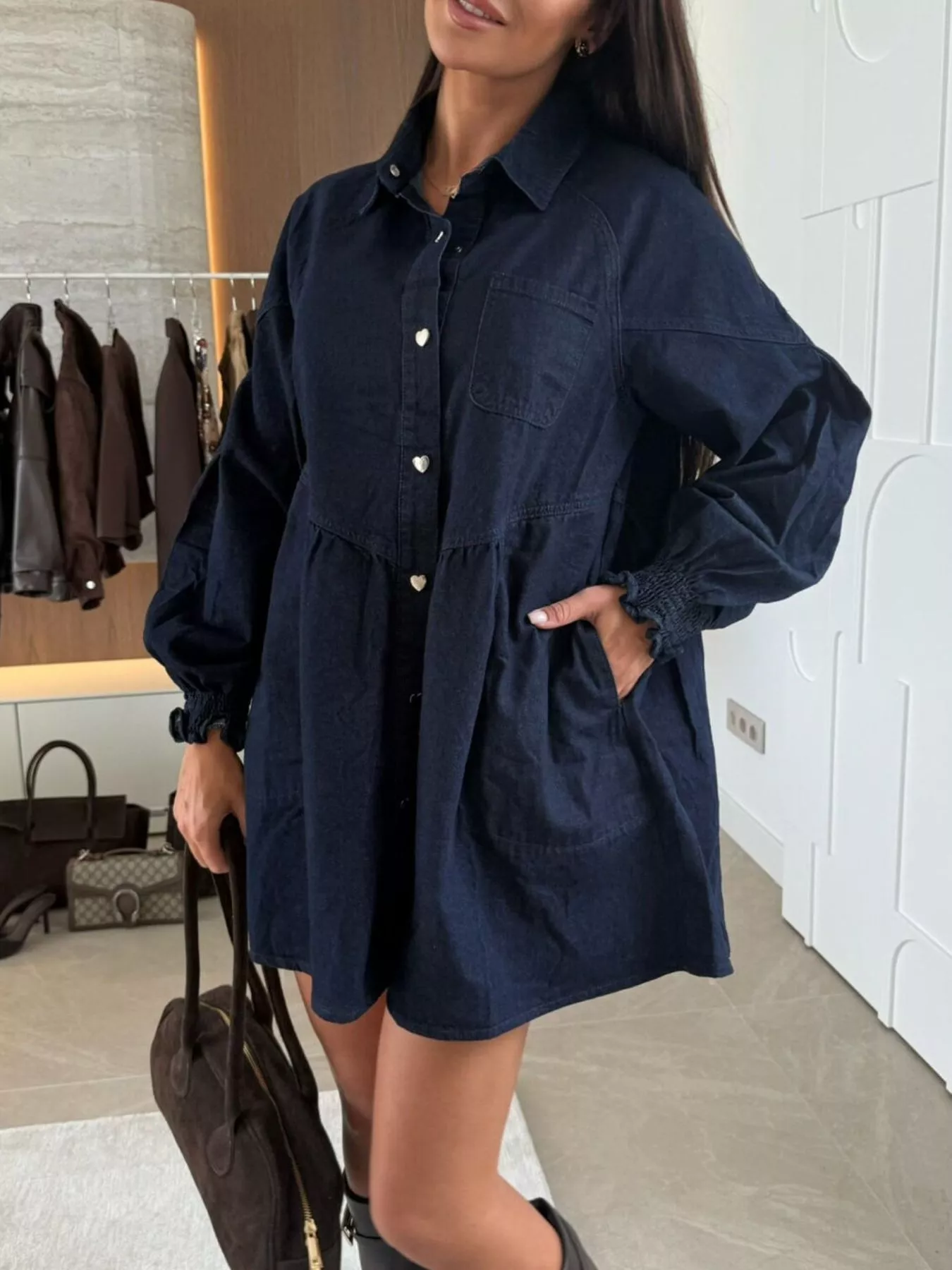 Button Down Mini Denim Dress with Front Pockets - Image 15
