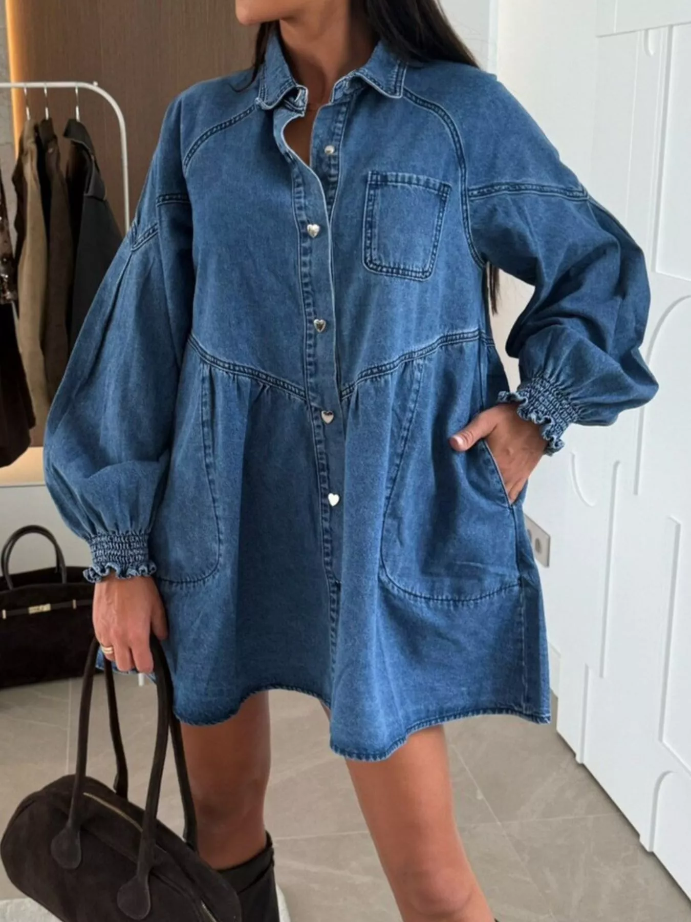 Button Down Mini Denim Dress with Front Pockets - Image 2