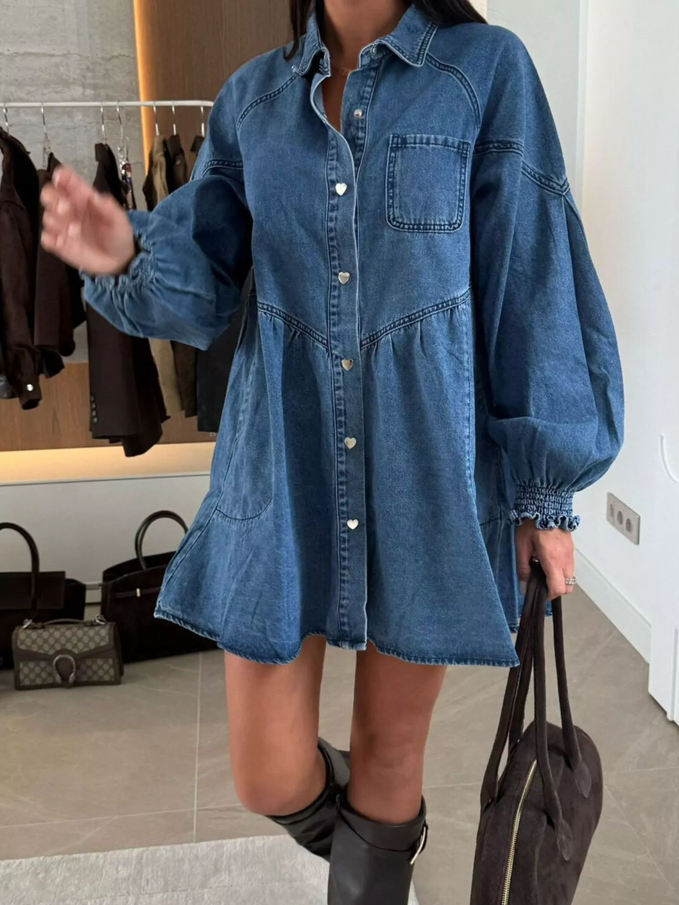 Button Down Mini Denim Dress with Front Pockets - Image 6