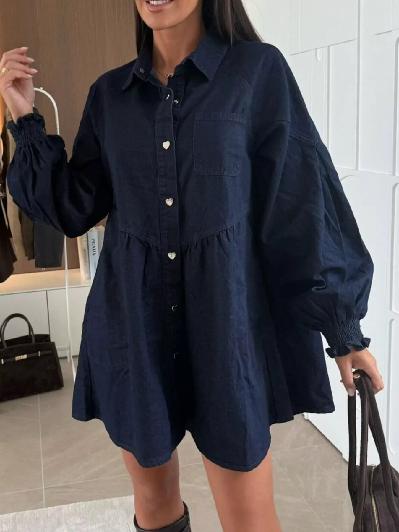 Button Down Mini Denim Dress with Front Pockets - Image 8