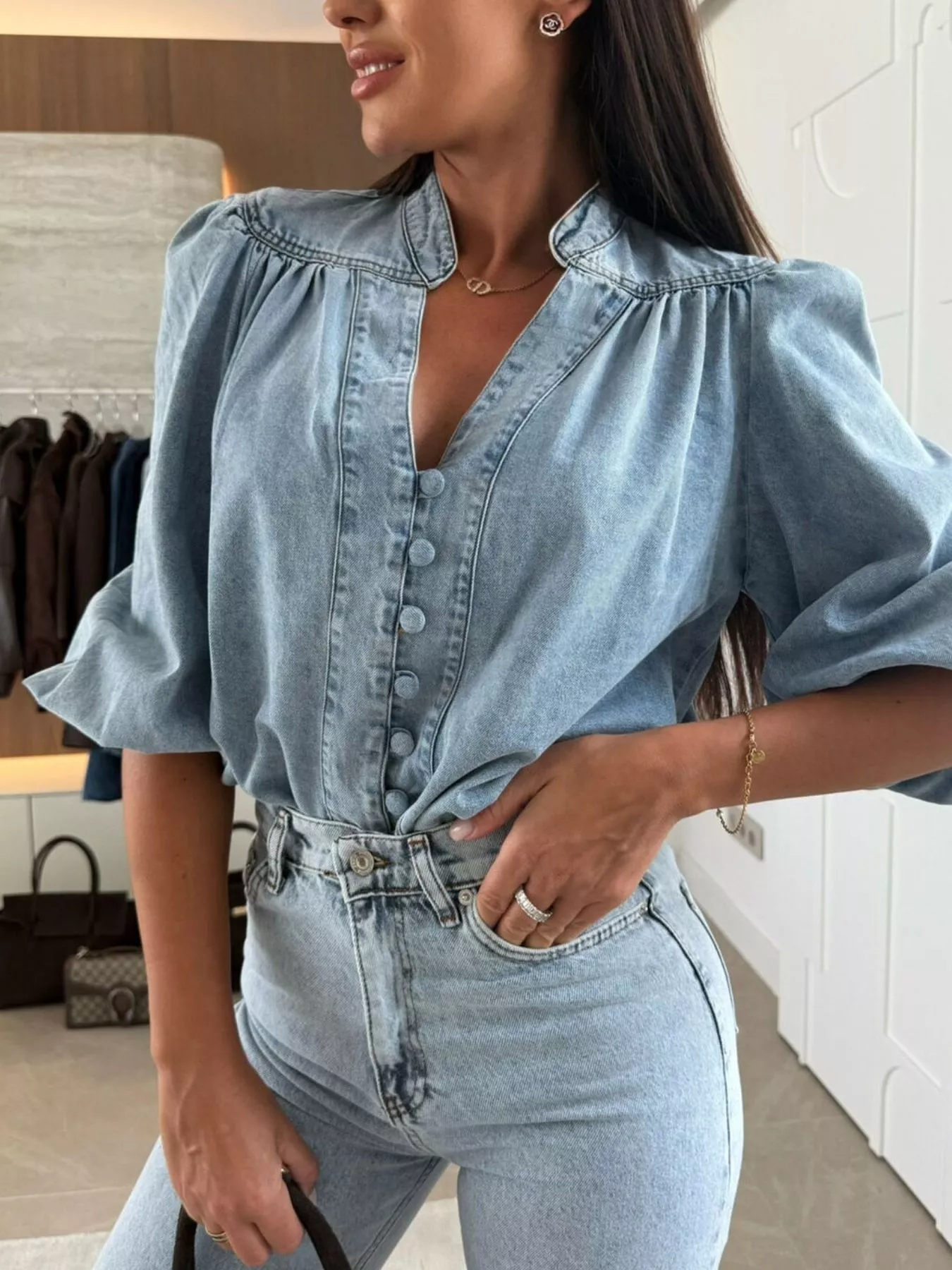 Button-Down Puff Sleeve Denim Top - Image 5
