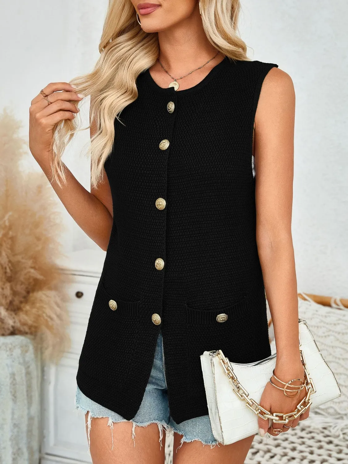 Button Down Round Neck Knit Vest - Image 15