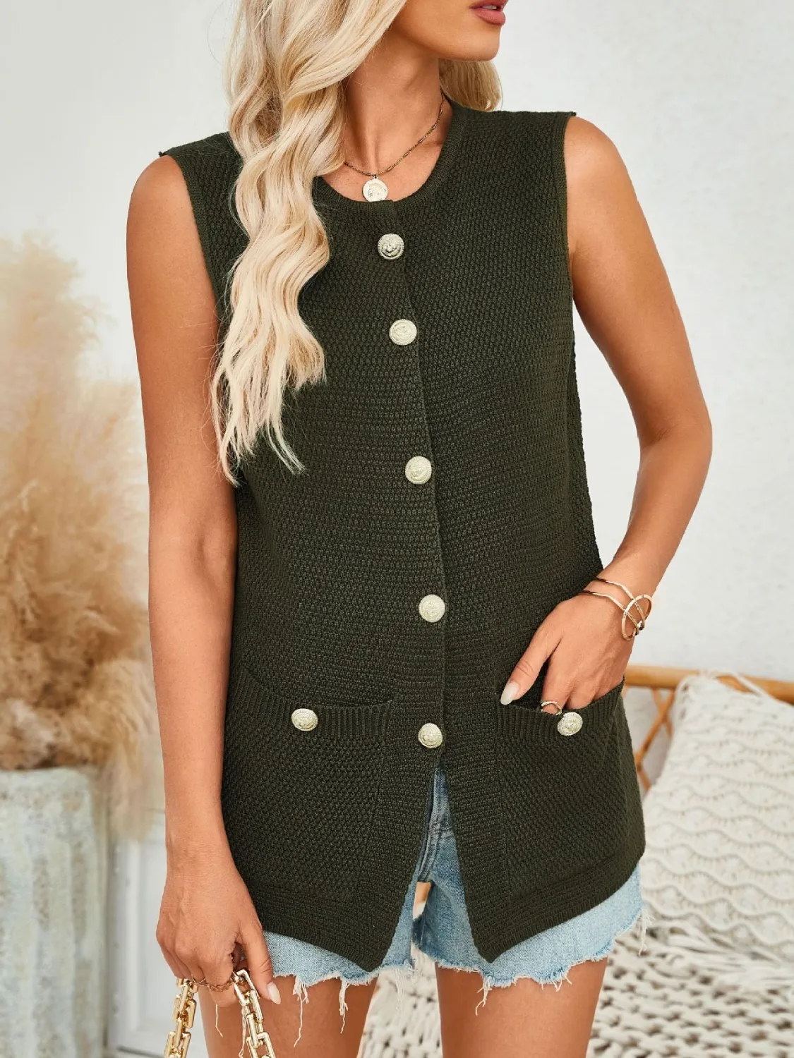 Button Down Round Neck Knit Vest - Image 5