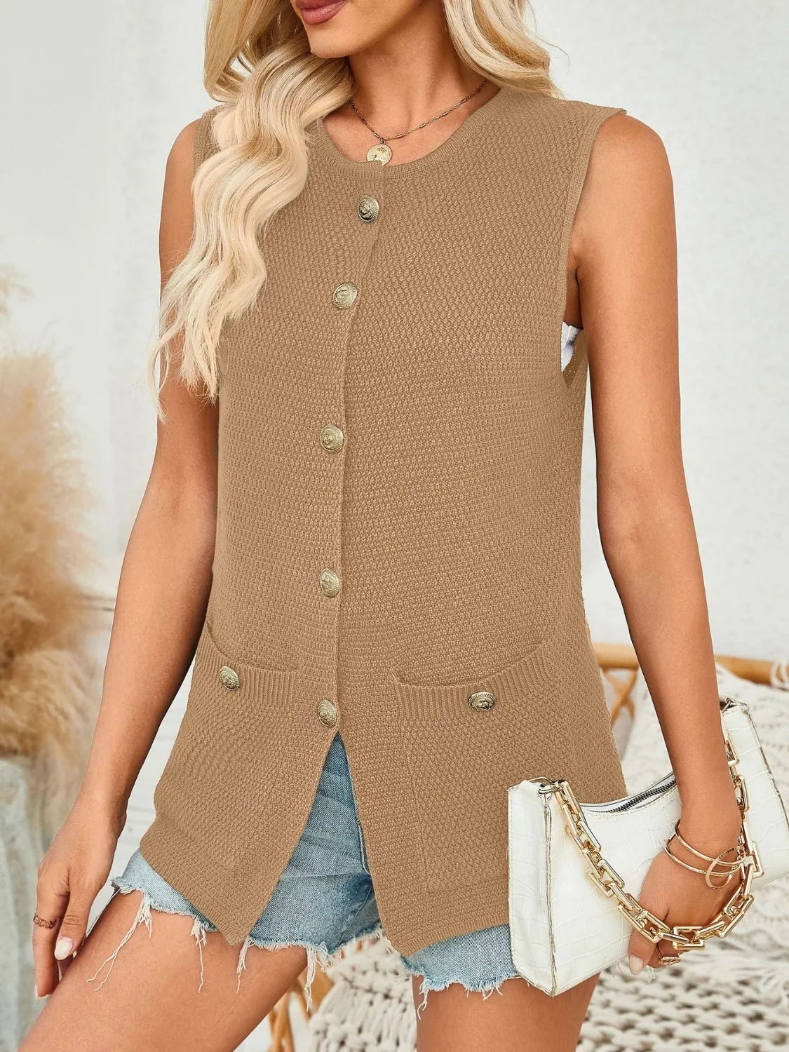 Button Down Round Neck Knit Vest - Image 9