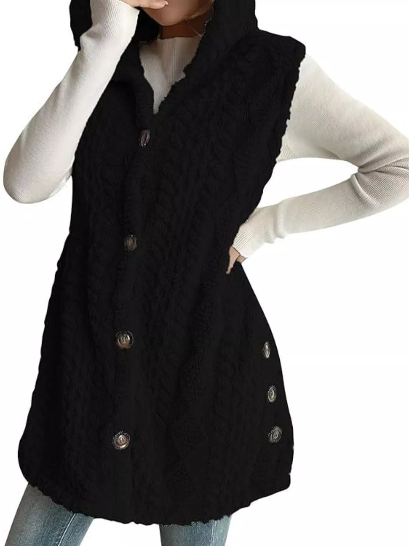 Button-Down Sherpa Hooded Vest Coat - Image 13