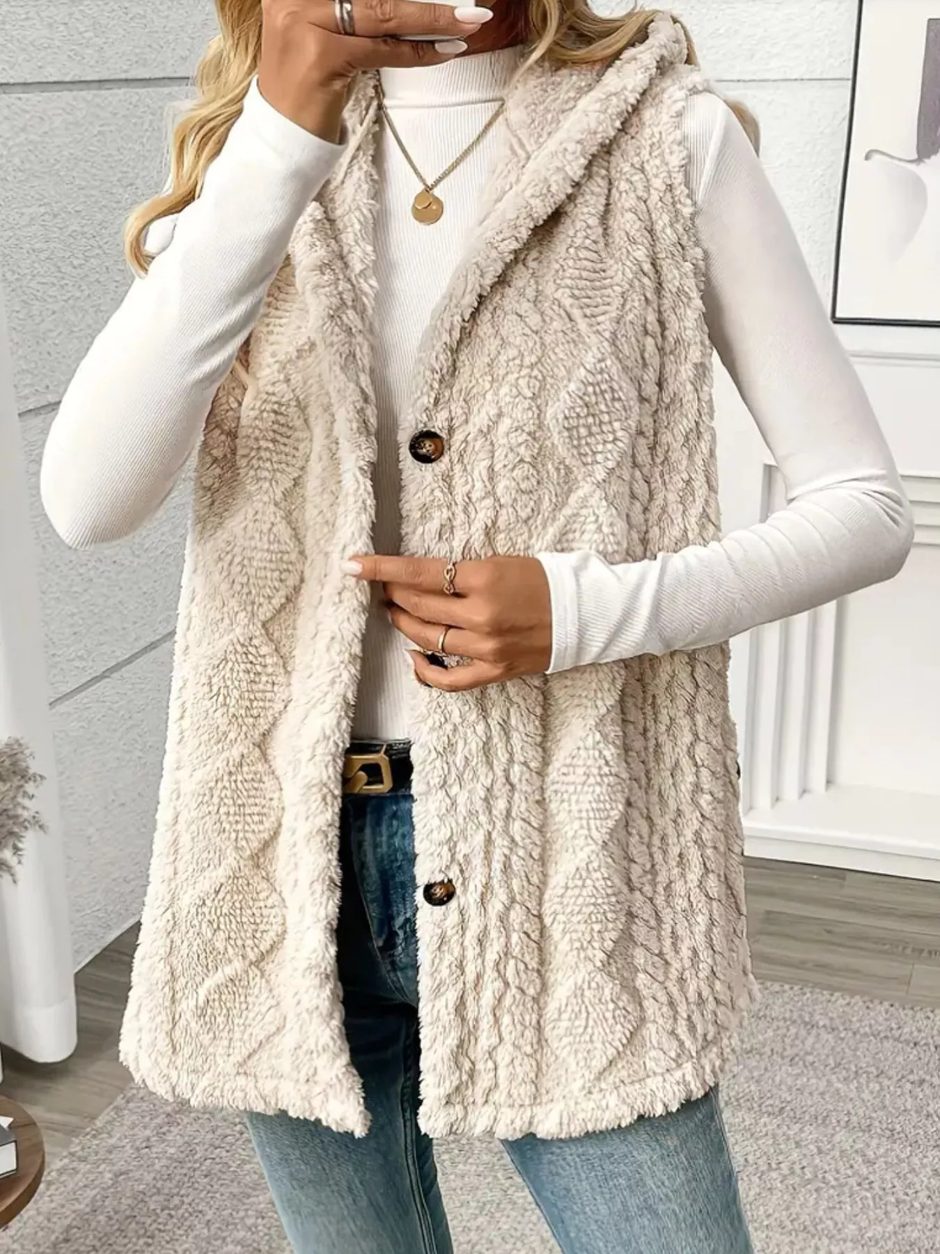 Button-Down Sherpa Hooded Vest Coat - Image 3