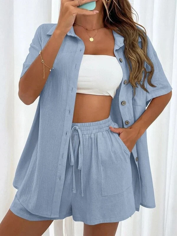 Button Down Shirt and Drawstring Shorts Set - Image 18